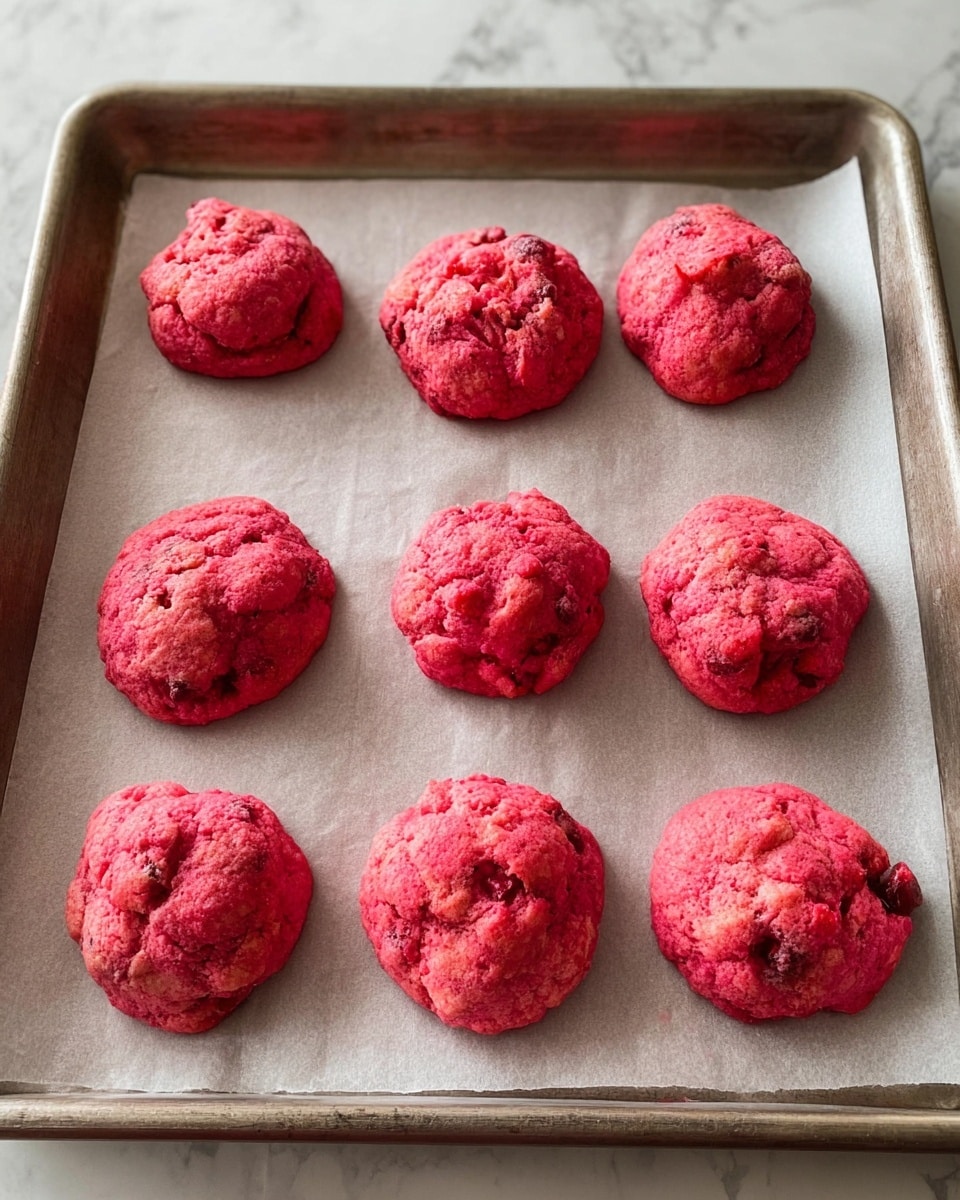 A baking tray lined with white parchment paper holds ten round, fluffy cookies in bright pink color. Each cookie has a slightly uneven surface with small visible chunks of a darker red ingredient mixed in, creating a textured look. The cookies are arranged in three rows, with three cookies in the first two rows and four in the last row. The tray rests on a white marbled surface. photo taken with an iphone --ar 4:5 --v 7