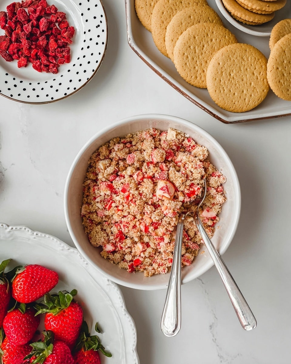 The image shows a white bowl filled with a crumbly strawberry mixture, having small to medium-sized granules in pink and pale cream colors. Two bright red strawberries with green leaves sit on one side of the bowl. Two silver spoons are placed inside the bowl, one slightly overlapping the other, resting on the mixture. The bowl is set on a white marbled surface, and partially visible stacked round beige cookies are placed in the upper right corner. photo taken with an iphone --ar 4:5 --v 7