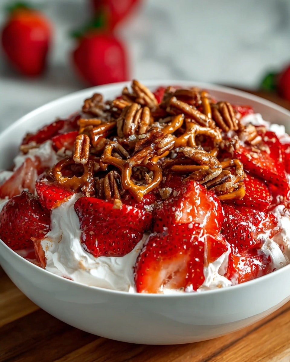 A close-up view of a white bowl filled with a layered dessert featuring fresh red strawberry pieces on top, scattered pecan nuts adding a crunchy texture, and a creamy white layer of whipped topping beneath the strawberries. The layers show a mix of bright red strawberry slices and smooth, fluffy white cream, with the pecans providing a rich brown contrast. A wooden spoon is partially visible on the right side of the bowl, all set against a white marbled surface. photo taken with an iphone --ar 4:5 --v 7