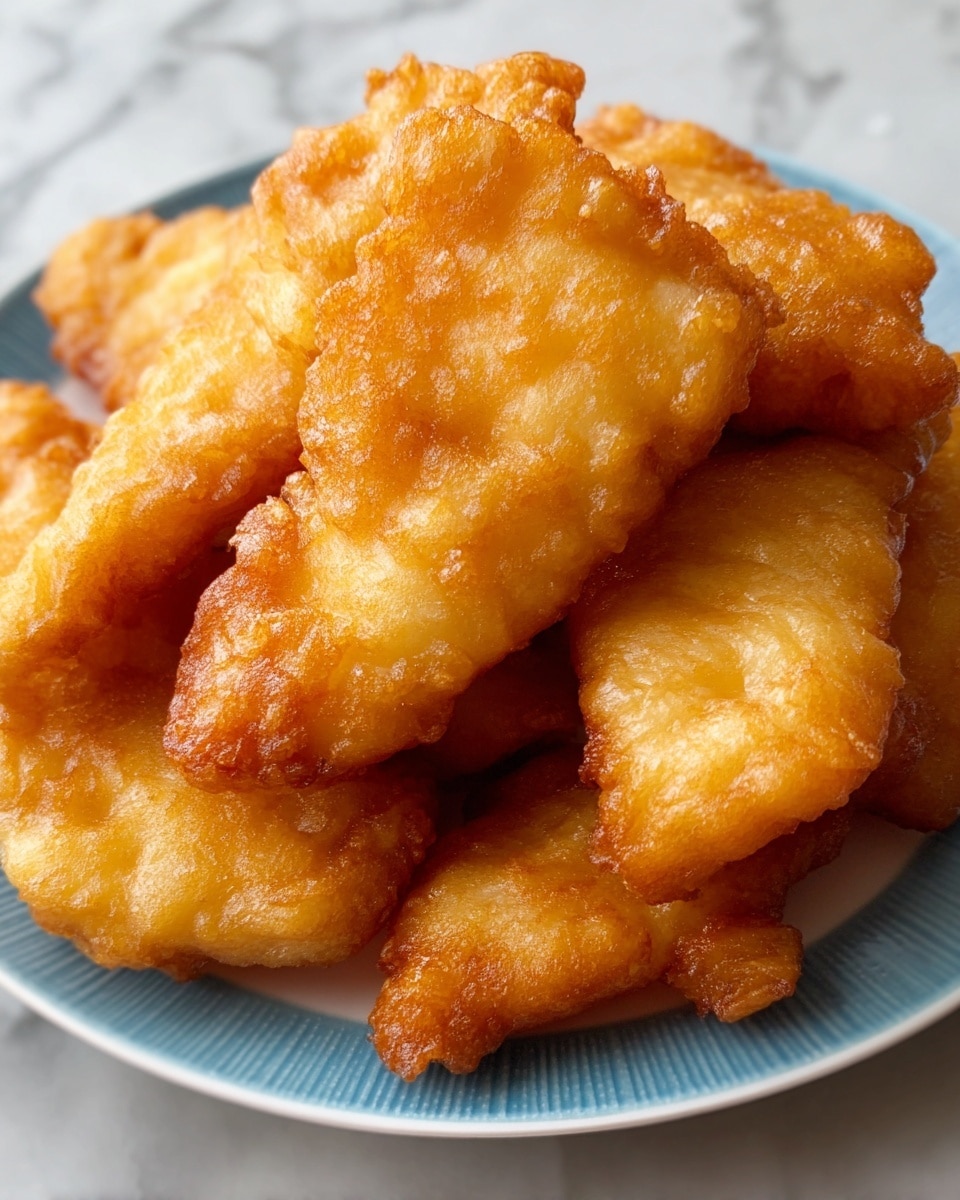 A close-up image of a small pile of golden-brown fried fish fillets stacked on a white plate, where each fillet shows a crispy, bubbly texture with a shiny, slightly oily surface. The fillets vary in size and shape, their batter is thick and uneven, creating a rough, crunchy outer layer with some lighter and darker spots. The plate edges are visible in soft focus beneath the fillets, and the entire scene sits against a white marbled texture background. photo taken with an iphone --ar 4:5 --v 7
