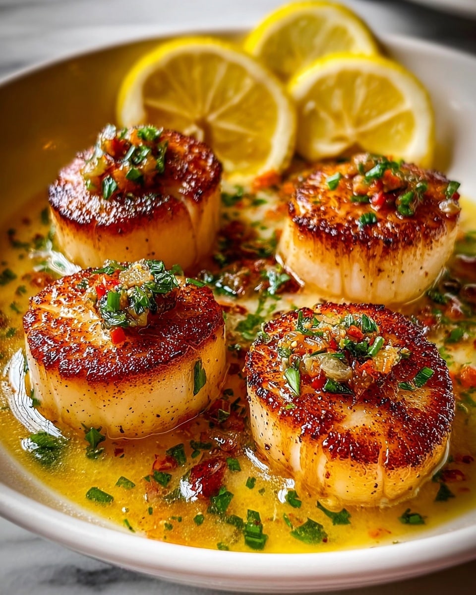 Five thick, golden-brown seared scallops sit in a shallow pool of bright yellow buttery sauce with small green and orange herb pieces scattered throughout. The scallops have a slightly caramelized, crispy top layer with green herbs and tiny bits of red pepper sprinkled on top. Two thin lemon slices rest in the background inside a white bowl, which holds the scallops and sauce. The background is a white marbled texture. photo taken with an iphone --ar 4:5 --v 7