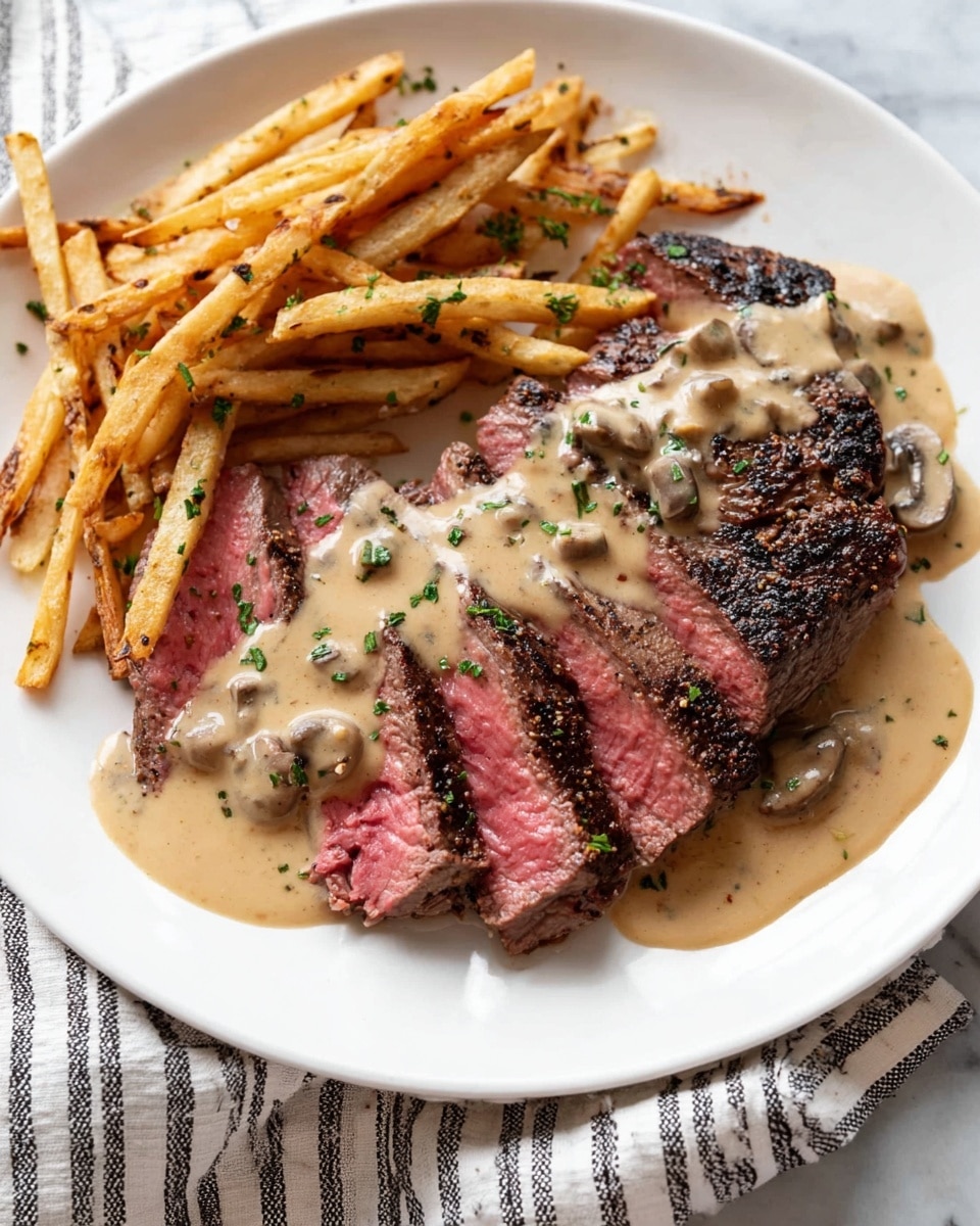 A white plate holds thick slices of medium-rare steak with a charred, dark brown outer crust and a tender, pink center. The steak is covered with a smooth, creamy beige mushroom sauce with visible small mushroom pieces and sprinkled with green herbs. To the side of the steak, there is a portion of thin, golden-brown French fries. The plate is set on a white marbled surface with a striped cloth napkin partly visible underneath. Photo taken with an iphone --ar 4:5 --v 7