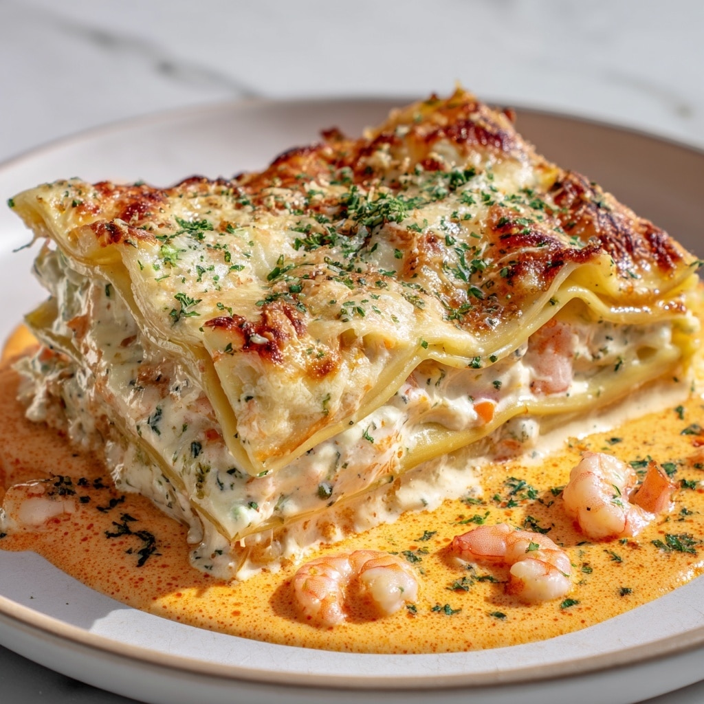 A piece of lasagna sits on a white plate, showing three layers of wavy pale yellow pasta sheets stacked with creamy white sauce mixed with herbs and small pieces of shrimp inside. The top layer is golden brown and bubbly with melted cheese and sprinkled green herbs. A thick orange cream sauce with whole pink shrimp surrounds the lasagna on the plate, also garnished with bits of green herbs. The white marbled surface underneath adds a clean, bright look to the dish. Photo taken with an iphone --ar 4:5 --v 7