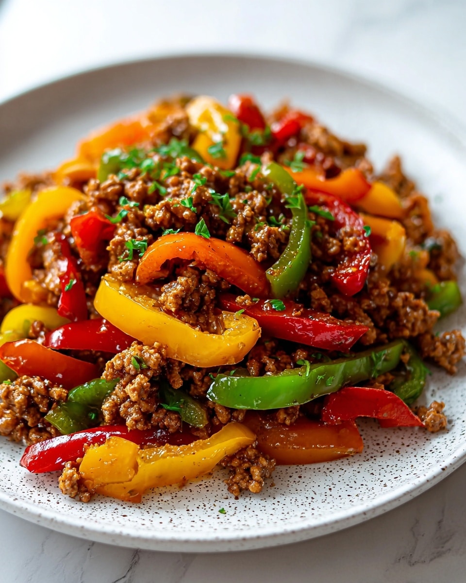 The dish shows a colorful mix of cooked ground meat and sliced bell peppers on a white speckled plate. The ground meat is brown and crumbly, spread evenly among bright, shiny bell pepper slices in red, yellow, green, and orange colors. The vegetables have a glossy texture, making them look cooked but still fresh and vibrant. Small sprinkled green herbs are scattered on top, adding a fresh touch. The plate sits on a white marbled surface with soft natural light enhancing the vivid colors and textures. photo taken with an iphone --ar 4:5 --v 7
