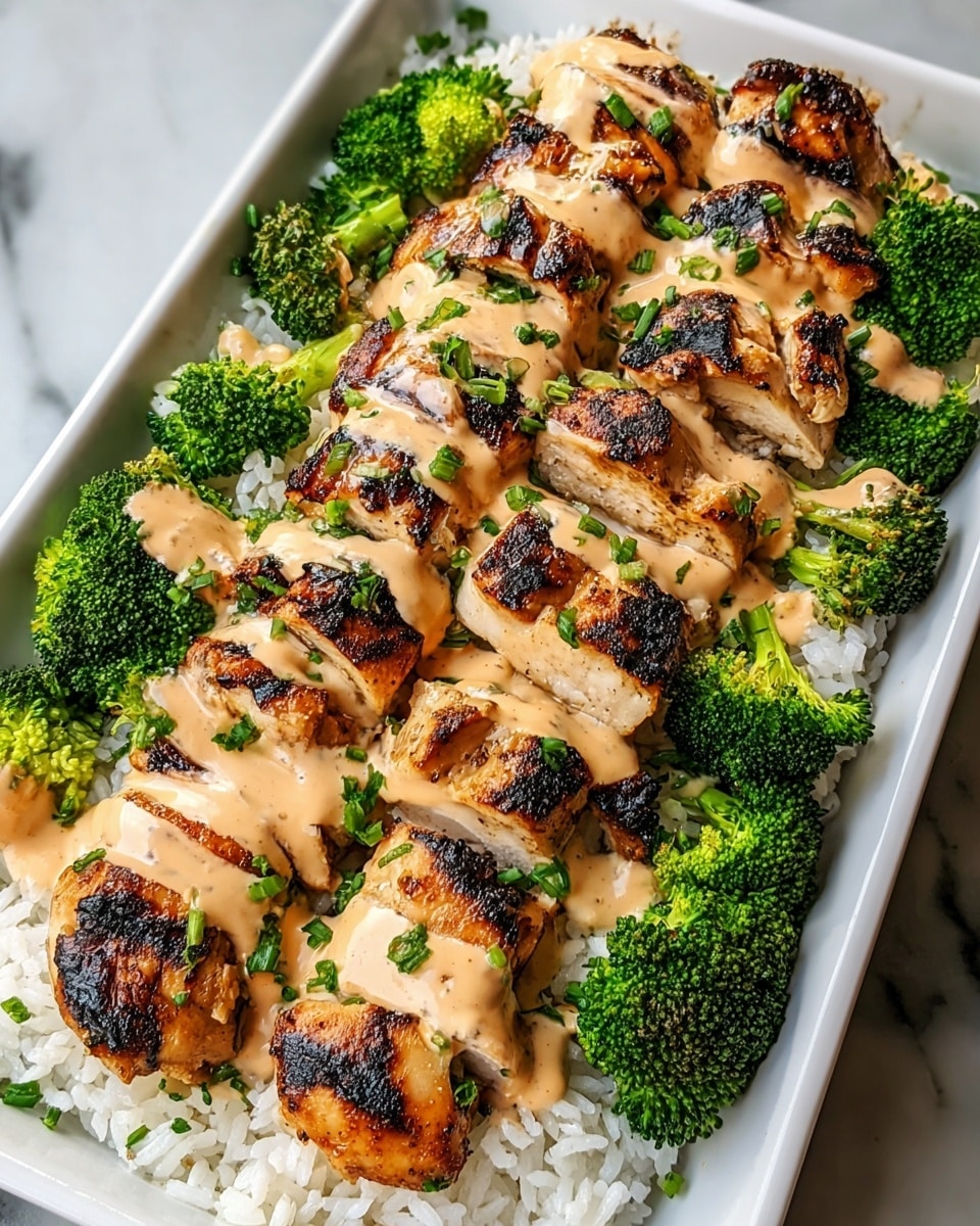 A rectangular white plate holds a layered dish starting with a base of white rice that peeks out slightly at the edges. On top of the rice are bright green broccoli pieces arranged around the edges, showing a slight char with a textured, crispy look. The main part consists of grilled chicken pieces, golden brown with dark grill marks, lined up in the center. Creamy, light tan sauce is drizzled over the chicken in uneven stripes with small green herb bits scattered on top. The whole dish sits on a white marbled surface. photo taken with an iphone --ar 4:5 --v 7