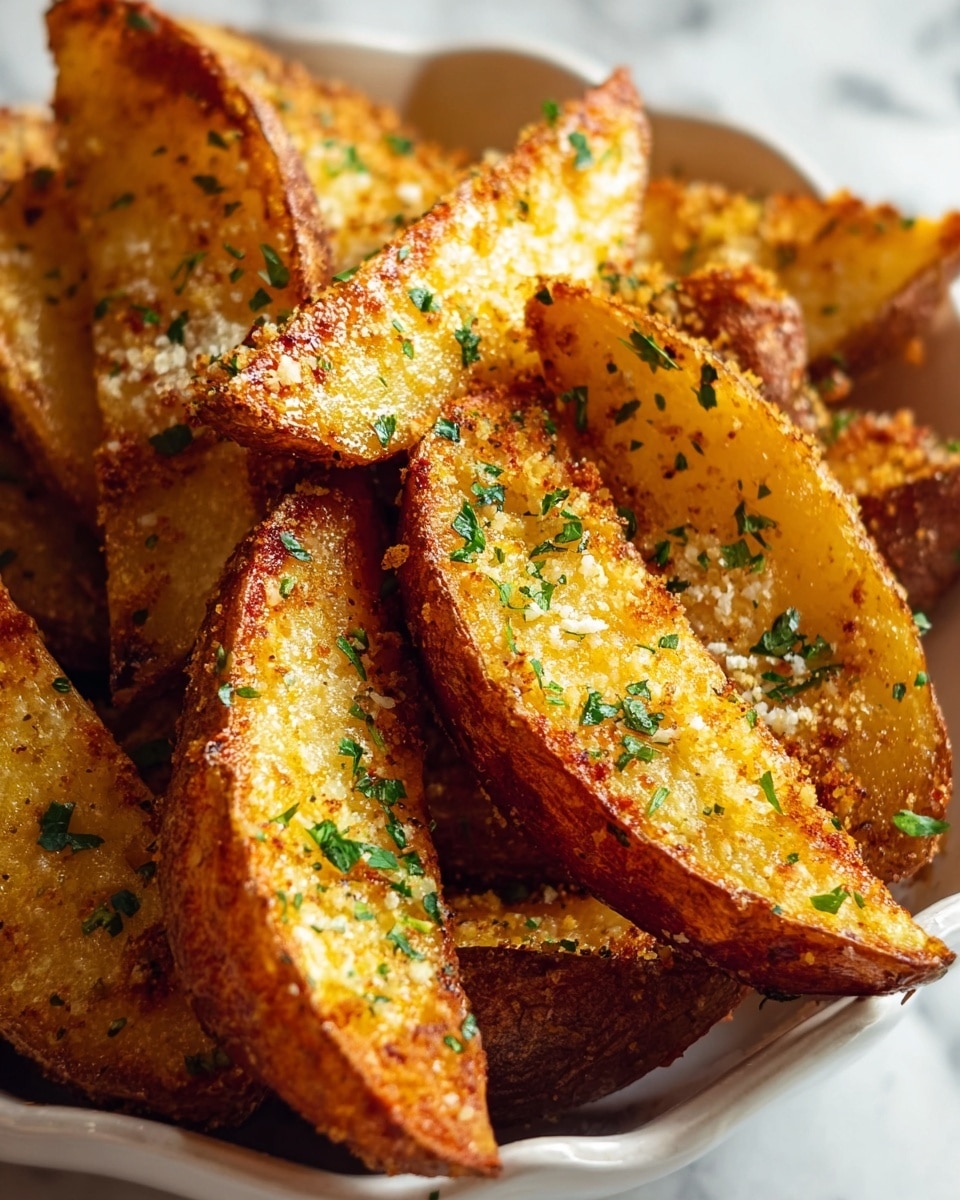 The image shows a close-up of crispy potato wedges on a white plate, each piece golden brown with a rough texture from the seasoning and small bits of garlic. The wedges are thick with skin on the edges, sprinkled with green herbs and grated white cheese that melts slightly on the hot surface. The potato skins have a crunchy, dark-brown crust, while the inside appears soft and light yellow. The wedges are piled in a casual, overlapping way with small specks of seasoning giving extra color contrast. Photo taken with an iphone --ar 4:5 --v 7