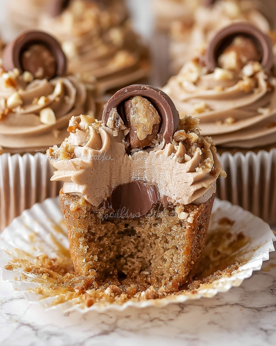 The image shows several chocolate cupcakes arranged closely together on a white plate with a wavy edge. Each cupcake has a rich brown base topped with a generous swirl of smooth, light brown chocolate frosting that is piped in layers creating a soft, creamy texture. On top of each swirl is a half piece of a chocolate-covered hazelnut candy with a visible nut inside, adding a textured, darker brown element. Small crushed nuts are sprinkled lightly over the frosting, adding a hint of contrast and texture. The background is a white marbled surface with a soft focus to keep attention on the cupcakes. photo taken with an iphone --ar 4:5 --v 7