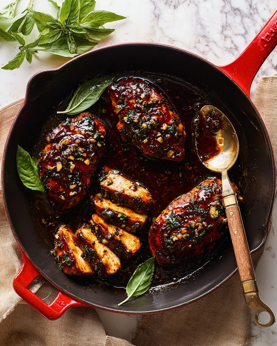 A black pan holds four pieces of cooked chicken with a dark, glossy glaze full of herbs and small bits of garlic, giving the chicken a shiny, slightly sticky look. One piece of chicken is sliced into three thick, juicy slices showing a light brown inside. The sauce around the chicken is thick and oily, reflecting light and scattered with green herb bits. A large golden spoon rests on the side of the pan, partly covered in the sauce. The surface beneath the pan is a white marbled texture. photo taken with an iphone --ar 4:5 --v 7