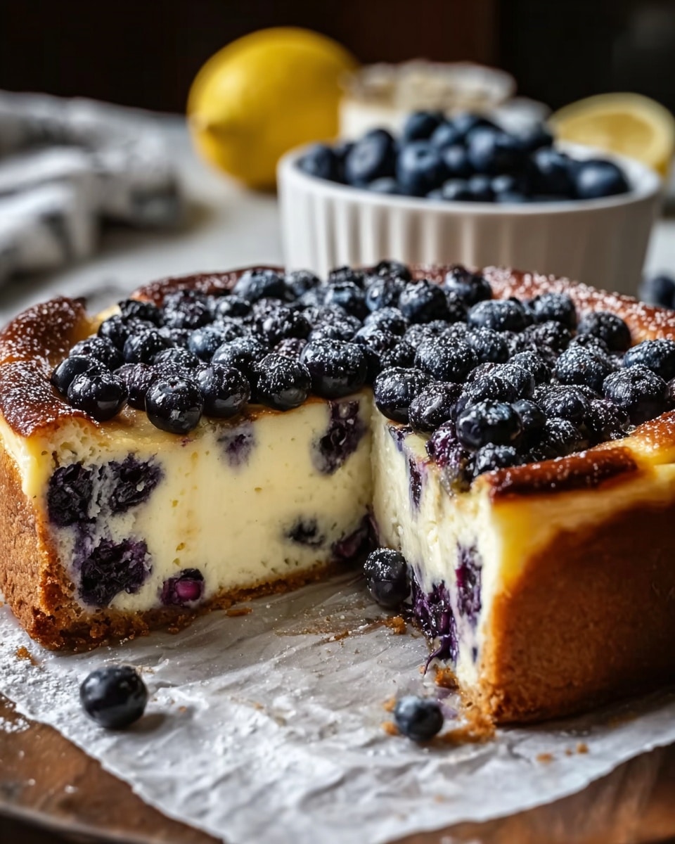 A thick, round cheesecake with a golden brown crust sits on a white marbled textured surface covered by a thin layer of white parchment paper. The cheesecake is cut to show its two main layers: a dense, creamy white inner layer dotted with cooked blueberries, and a crust layer around the edge that is caramelized and slightly rough in texture. The top of the cake is generously covered with fresh whole blueberries, some dusted with white powdered sugar, creating a dark blue contrast against the light creamy center. A white bowl filled with fresh blueberries and a halved lemon are softly blurred in the background. photo taken with an iphone --ar 4:5 --v 7