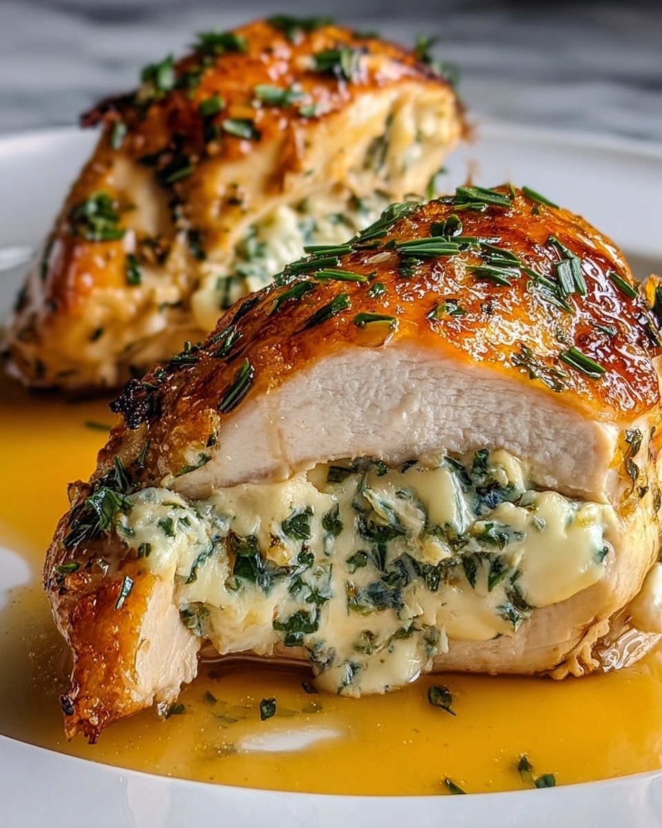Two pieces of stuffed chicken breast rest on a white plate with a white marbled surface beneath. The chicken has a golden brown and crispy skin with small green herb bits sprinkled on top. The inside shows creamy white cheese mixed with green herbs filling the center, oozing slightly out of the cut part. The plate is also covered with a light orange sauce pooling around the chicken. Photo taken with an iphone --ar 4:5 --v 7