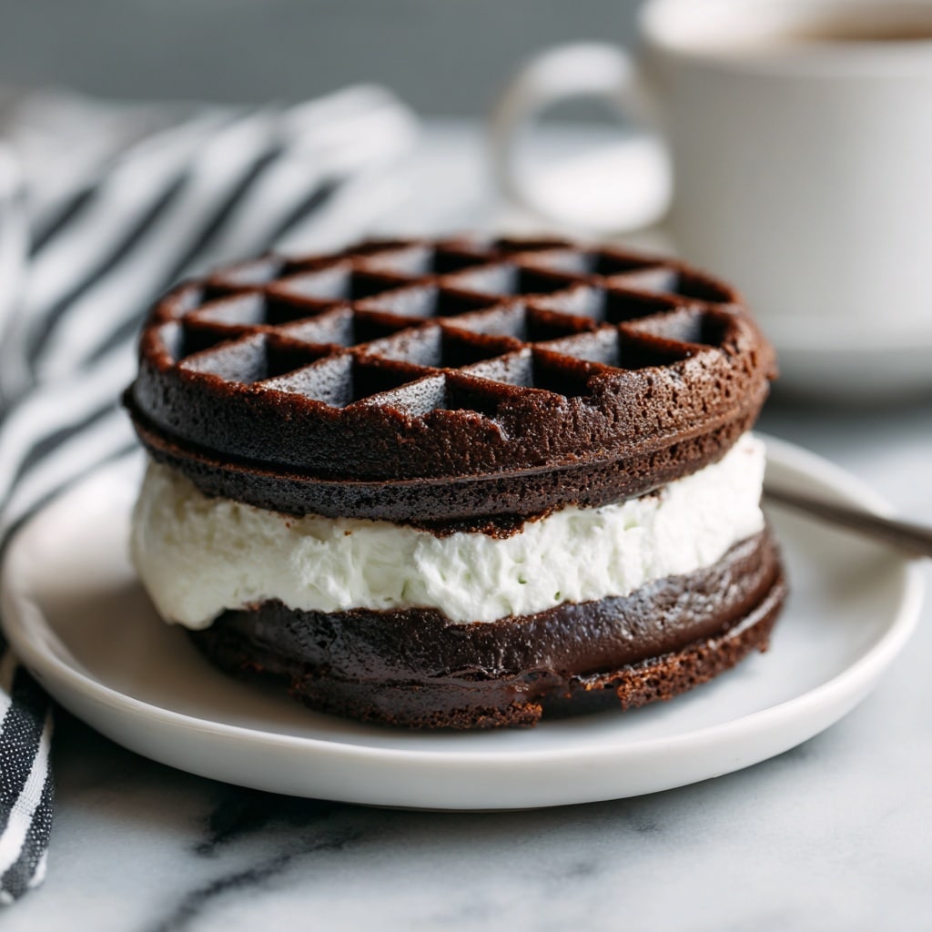A close-up view of a two-layer waffle sandwich placed on a white plate over a white marbled surface. The bottom and top layers are dark black waffles with a textured grid pattern, showing some small holes and rough edges. Between the waffles, a thick layer of creamy, off-white filling is spread evenly, slightly peeking out from the sides. The background also includes a blurred striped cloth. Photo taken with an iphone --ar 4:5 --v 7