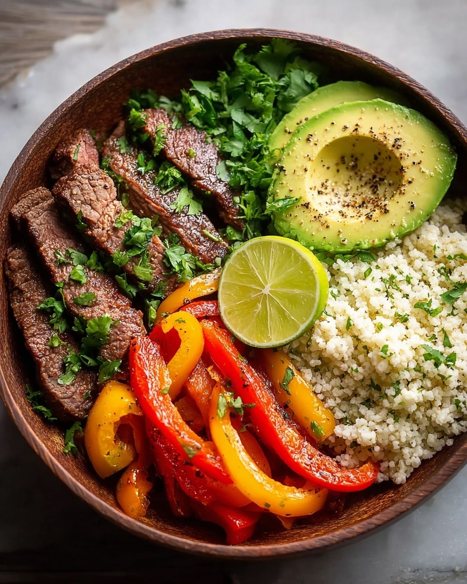 This image shows a round bowl filled with distinct layers of food placed on a white marbled textured surface. The bowl holds five layers starting on the left with slices of brown grilled steak covered with small green herb pieces, then bright green fresh cilantro leaves, followed by a large slice of light green avocado with black pepper on top, next to a pile of white couscous mixed with parsley, and finally a colorful mix of sautéed red and yellow bell pepper strips with a wedge of lime in front, all sprinkled with herbs and black pepper. The textures vary from the grainy couscous to the smooth avocado and glossy, soft peppers. photo taken with an iphone --ar 4:5 --v 7