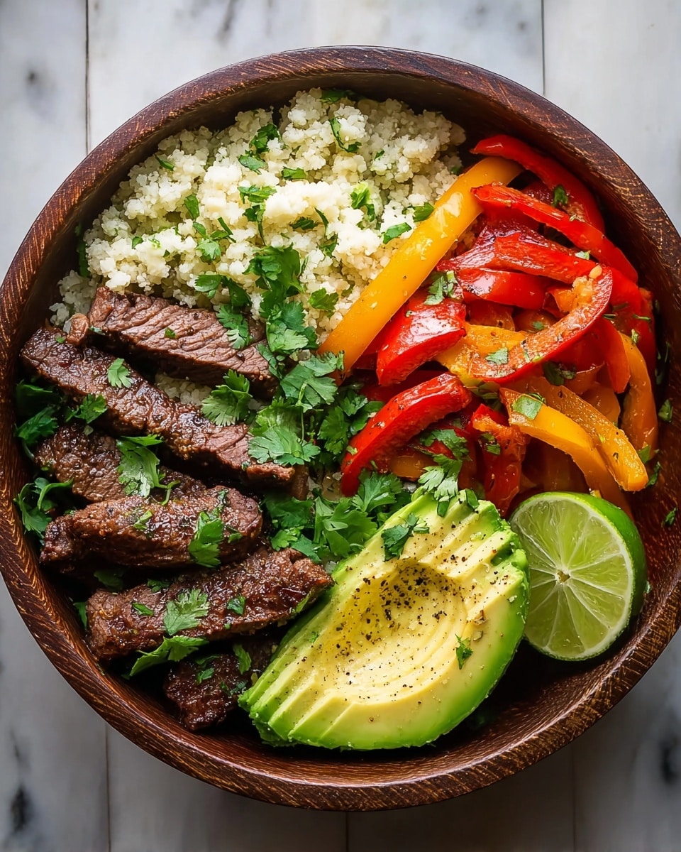 The image shows a bowl with four clear sections. The first section has several pieces of grilled steak, dark brown in color with a slightly charred texture, topped with green cilantro leaves. The second section next to it is filled with finely chopped, soft white cauliflower rice mixed with a few green herb bits. The third section contains sautéed red and yellow bell pepper strips, shiny and tender, scattered with chopped cilantro. The fourth section has a thick slice of creamy green avocado, curved and sprinkled with black pepper, and a wedge of bright green lime resting beside the peppers. The bowl is placed on a white marbled texture. photo taken with an iphone --ar 4:5 --v 7