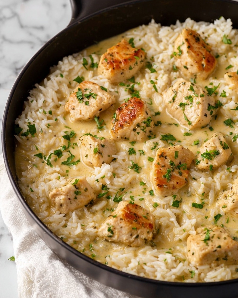 The image shows a black skillet filled with a creamy chicken and rice dish. The base layer is long-grain white rice soaking in a light creamy sauce that has a slight yellow tint. On top of the rice, there are several pieces of golden-brown cooked chicken with a slightly crispy and seasoned outer layer. The chicken pieces are scattered evenly across the skillet, and fresh green parsley is sprinkled on top, adding small pops of color. The skillet sits on a white marbled textured surface with a soft, neutral background. Photo taken with an iphone --ar 4:5 --v 7