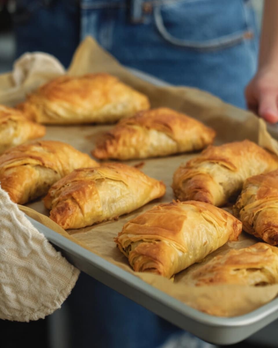 The image shows a wooden board placed on a white marbled surface holding seven golden-brown layered pastries with flaky, crisp textures. The pastries are wrapped with large thin crispy layers that are curled and twisted, slightly shiny with a baked finish, and sprinkled with small green herb pieces on top and around the board. One pastry is cut open, revealing an inner light beige filling with a soft texture. In the background, there is a small round dark bowl filled with a creamy orange sauce and a folded beige cloth next to it. photo taken with an iphone --ar 4:5 --v 7