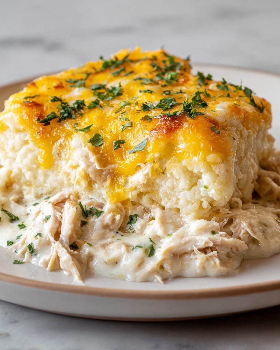 A close-up view of a three-layer dish on a white plate: the bottom layer consists of shredded chicken in a creamy white sauce with small green herbs, the middle layer is a soft, slightly textured white mixture filling in around the chicken, and the top layer is melted, golden-yellow cheese that is slightly browned in spots and sprinkled with chopped green herbs. The plate rests on a white marbled surface. photo taken with an iphone --ar 4:5 --v 7
