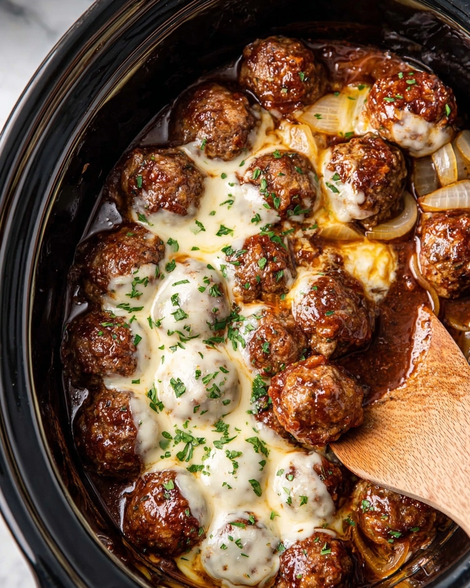 A close-up of a black slow cooker filled with two layers of cooked meatballs. The bottom layer shows brown meatballs resting in a thick, dark brown sauce with visible slices of soft, caramelized onions. The top layer features meatballs covered by melted white cheese that is slightly browned in spots and sprinkled with small green herbs. A wooden spoon is partially placed under the meatballs on the right side. The cooker sits on a white marbled texture. Photo taken with an iphone --ar 4:5 --v 7