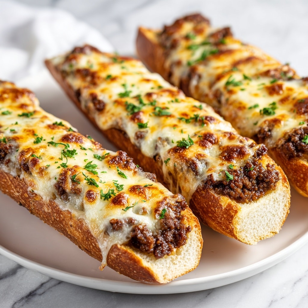 The image shows three long bread sticks filled with cooked ground beef, which is dark brown and crumbly. Each bread stick is topped with a thick melted layer of golden-brown cheese, with some browned spots indicating it was baked. Green chopped herbs are sprinkled over the cheese and around the bread sticks. The bread itself is a light golden color, soft inside with a slightly crisp crust. These bread sticks rest on a white plate placed on a white marbled surface. photo taken with an iphone --ar 4:5 --v 7