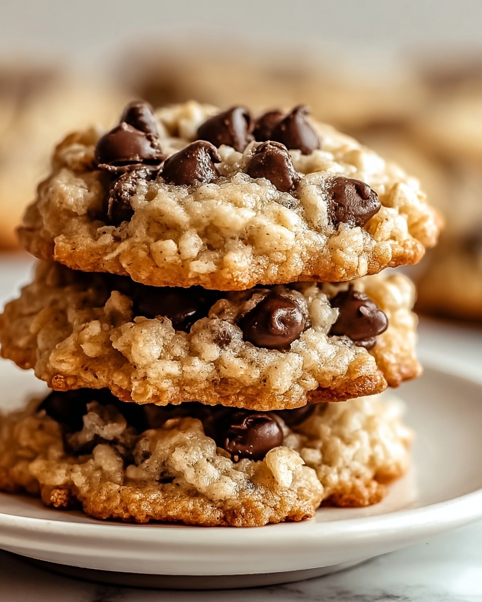 A stack of three oatmeal chocolate chip cookies is shown close up. Each cookie has a rough, bumpy texture with golden brown edges and a lighter oatmeal center scattered with dark brown chocolate chips that are slightly melted. The cookies are placed on a white plate, and the scene is set against a white marbled texture background. The focus is sharp on the cookies, showing the details of the oats and chocolate chips clearly, while the background is softly blurred. Photo taken with an iphone --ar 4:5 --v 7