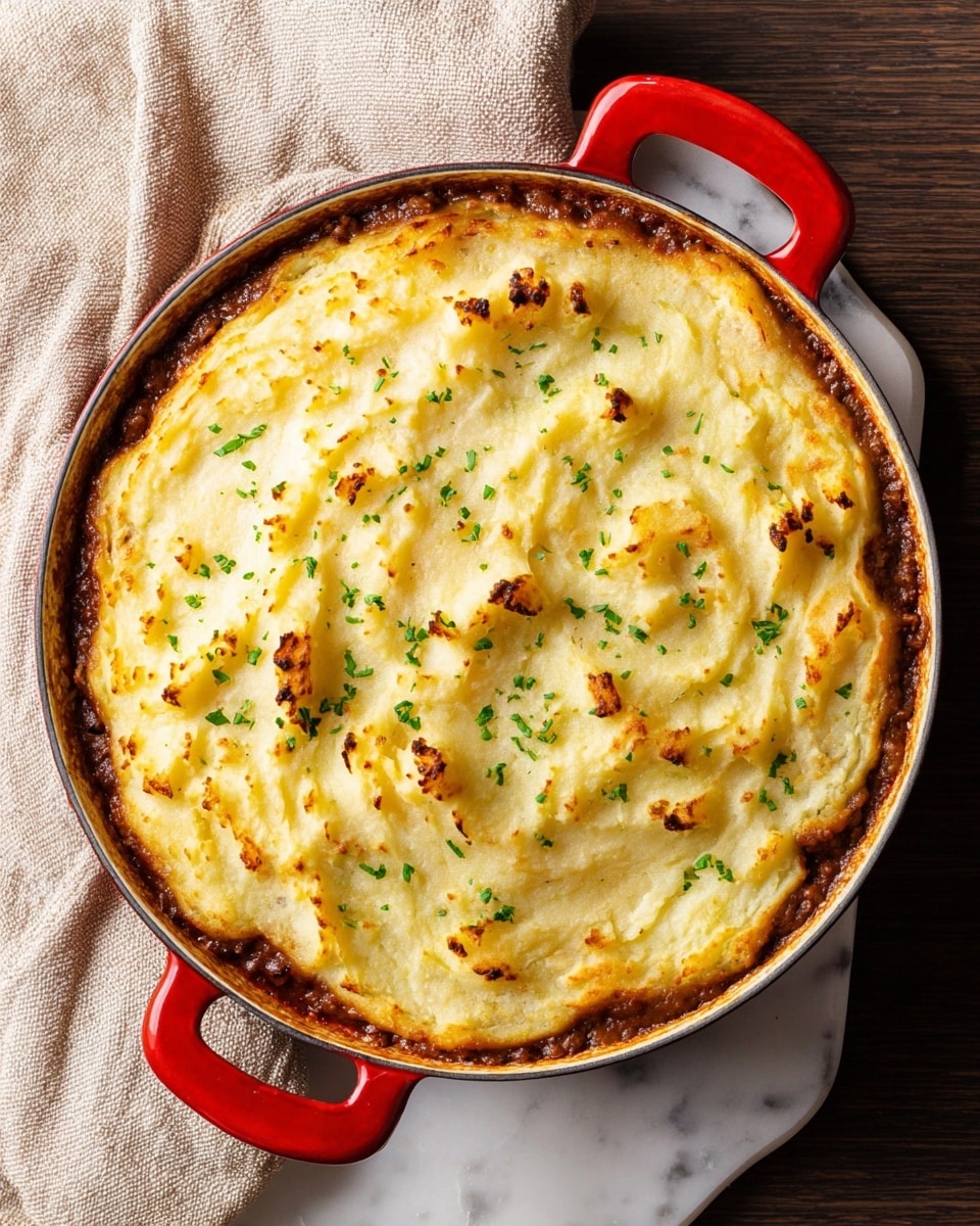 A wooden bowl holds a dish with two main layers. The bottom layer is a mix of cooked vegetables, including dark brown mushrooms and bright orange carrot slices, all in a thick light brown sauce. On top is a thick layer of creamy mashed potatoes, slightly browned on the edges with a soft, smooth texture and sprinkled with small green herb pieces. The bowl is placed on a round wooden board, all set against a white marbled textured surface with a light gray fabric partially visible to the side. photo taken with an iphone --ar 4:5 --v 7
