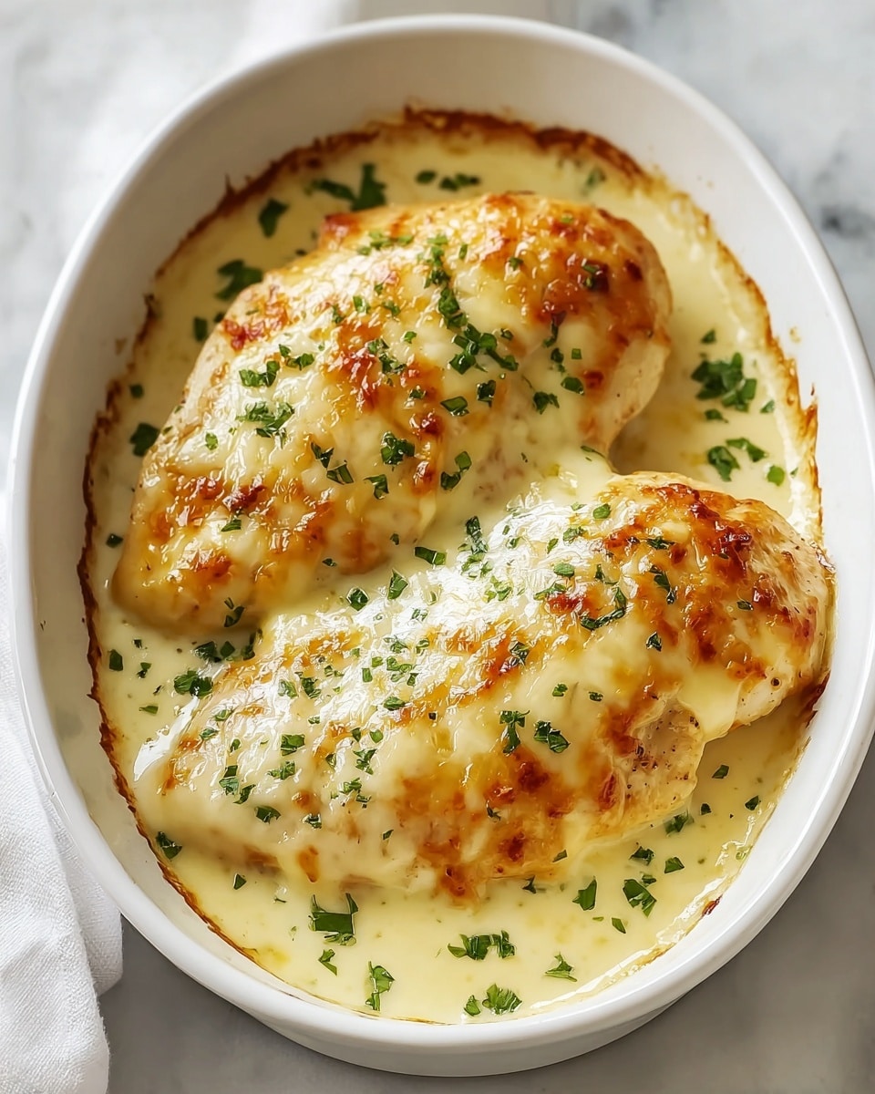 The image shows three pieces of golden-brown baked chicken breasts covered with a thick layer of melted white cheese sauce with a creamy texture. The chicken is placed inside a white round baking dish filled with more of the cheese sauce at the bottom, pooling around the chicken. There are small green herb pieces sprinkled on top of the chicken, adding a fresh green contrast to the creamy yellow and white colors of the dish. The baking dish is set on a white marbled surface. Photo taken with an iphone --ar 4:5 --v 7