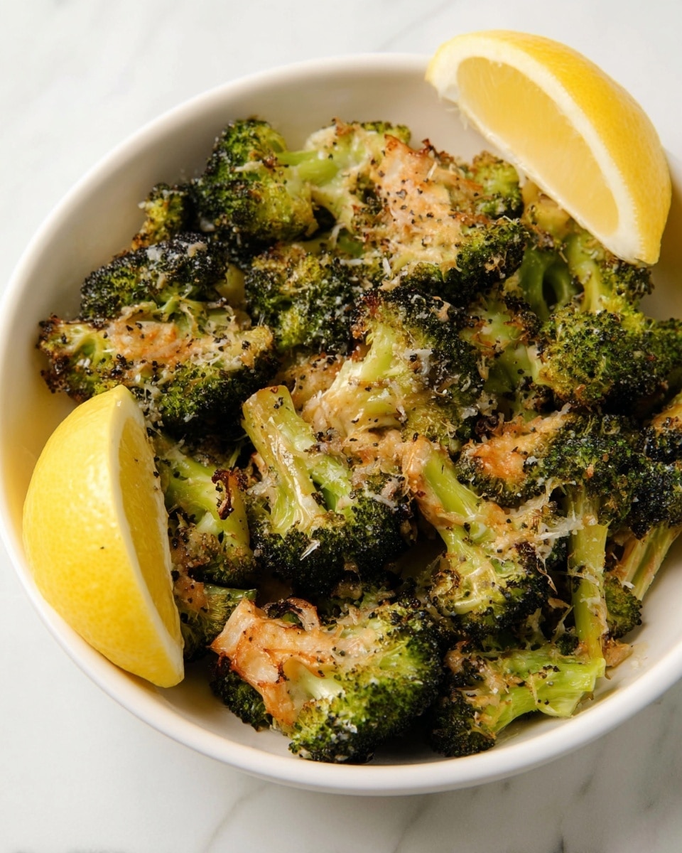 The dish is a close-up of roasted broccoli florets placed in a white bowl. The broccoli is green with browned, crispy edges and topped with melted, golden cheese and some black pepper seasoning. Two bright yellow lemon wedges rest on top near the edge of the bowl, adding a fresh pop of color. The bowl sits on a white marbled surface. photo taken with an iphone --ar 4:5 --v 7