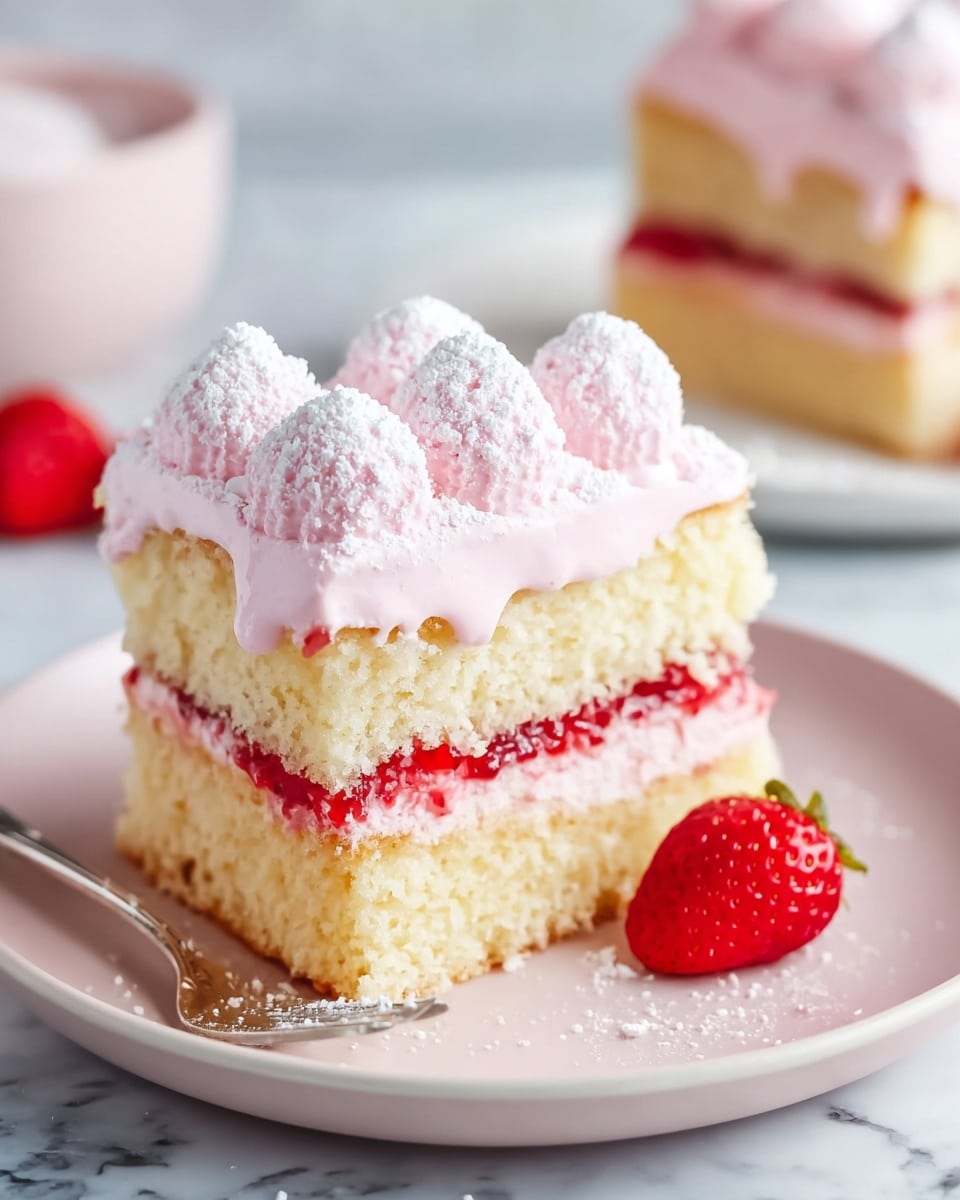 A slice of cake sits on a white plate, showing three main layers. The bottom and middle layers are light, fluffy yellow sponge cake. Between these two cake layers lies a thin, bright red fruit jam layer, topped with a smooth light pink cream layer that covers the whole slice and drips slightly at the edges. On top, there are several pink dollops of cream dusted with white powdered sugar. Next to the cake slice on the plate sits a whole red strawberry. The background features a white marbled texture and a blurred second plate with another cake slice. photo taken with an iphone --ar 4:5 --v 7