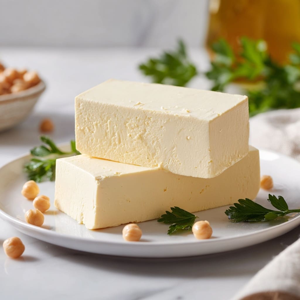 The image shows a block of pale cream tofu placed on a white plate with a few cubes cut from it arranged in front. Behind the tofu block, there are small round chickpeas scattered, adding a light tan color, along with a few green parsley leaves for contrast. The plate rests on a surface with a white marbled texture. Photo taken with an iphone --ar 4:5 --v 7