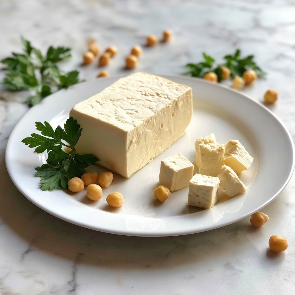 A white plate holds two thick, smooth blocks of pale yellow tofu placed side by side, with one block slightly in front of the other showing clean-cut edges. Around the tofu blocks, there are a few small round light brown chickpeas scattered and a few fresh green parsley leaves adding a touch of color. The scene is set on a white marbled surface, with a blurred background hinting a light bottle and some greenery. The lighting is soft, highlighting the smooth texture of the tofu and the natural shine on the chickpeas. photo taken with an iphone --ar 4:5 --v 7