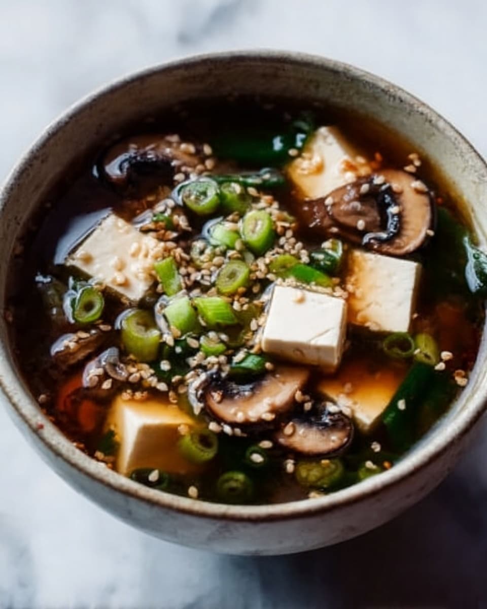 The image shows a bowl of soup with three clear layers: the bottom layer is a dark brown broth, the middle layer contains white tofu cubes and sliced brown mushrooms, and the top layer is sprinkled with green scallions and sesame seeds. The soup is served in a white bowl on a white marbled surface, giving a clean and fresh look. The broth looks light and clear with a slight shine, the tofu pieces are smooth and soft, and the mushrooms add a slightly textured, glossy appearance. The green scallions add a pop of fresh color and the sesame seeds provide small white and brown specks across the top. Photo taken with an iphone --ar 4:5 --v 7