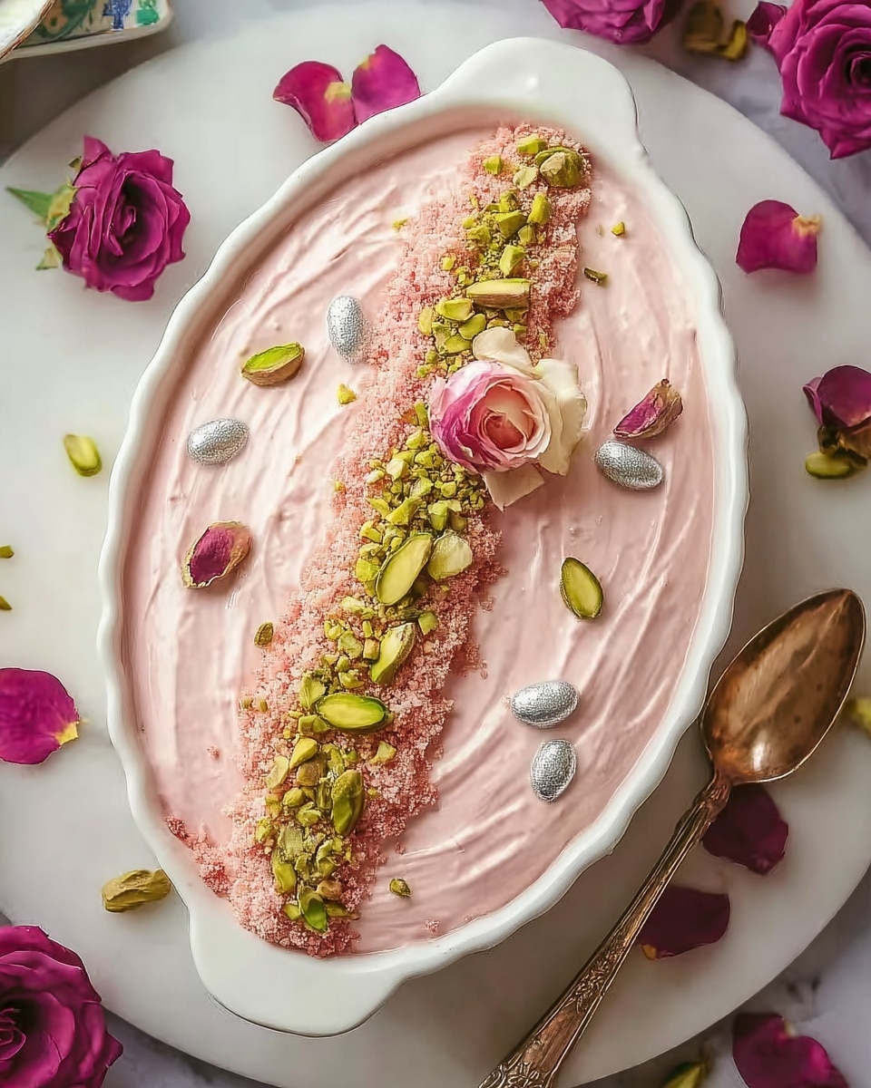 This dish is shown in a white oval dish with ornate gold handles on both ends. The top layer is smooth, creamy, and light pink, spread evenly with soft, curved swirls on the surface. Down the center runs a line of green pistachio nuts, small bits of crushed nuts, a few silver-coated almonds, and small purple rose petals for decoration. The dish is placed on a white marbled surface, surrounded by pink roses, a white bowl with pistachios and rosebuds, and golden cutlery. photo taken with an iphone --ar 4:5 --v 7