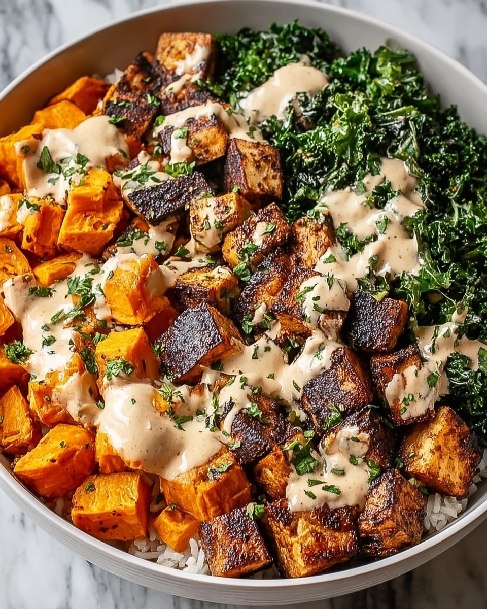 A bowl with three main layers is shown: the bottom layer is white rice, soft and fluffy, covering the whole base; the middle layer has bright orange roasted sweet potato cubes on the left, charred brown grilled tofu pieces in the middle with a slightly crispy surface, and dark green cooked kale on the right; the top layer is a drizzle of creamy white sauce spread evenly over the sweet potatoes, tofu, and kale, sprinkled with finely chopped fresh green herbs. The bowl is white with a textured gray pattern on the outside, sitting on a white marbled surface. photo taken with an iphone --ar 4:5 --v 7