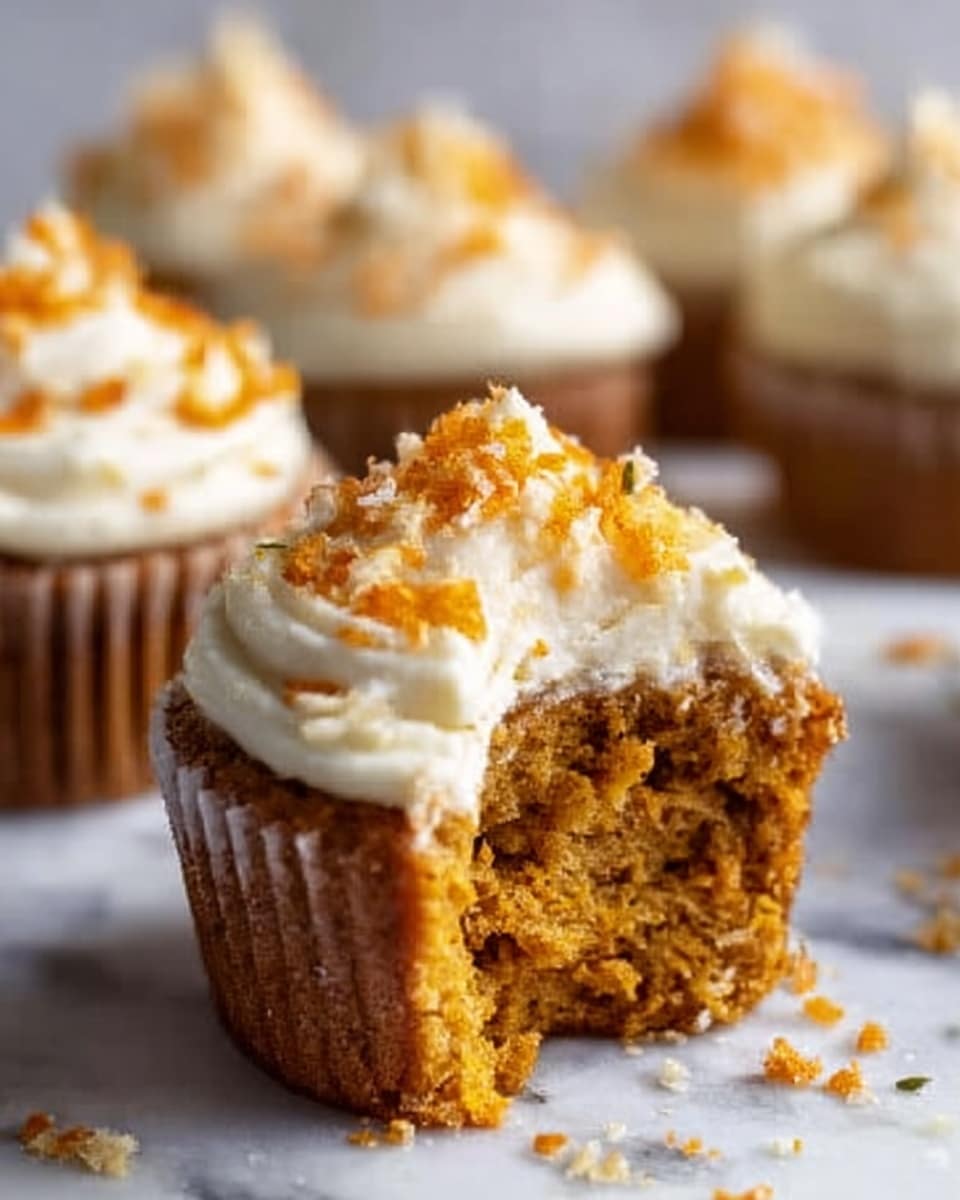 A close-up view of a partly eaten cupcake sitting on a white marble surface, revealing its moist, orange-brown pumpkin cake inside. The cupcake has one thick base layer of soft cake, topped with a thick, creamy white frosting layer sprinkled with small orange shreds and tiny crumbs. The frosting on top is fluffy and slightly swirled. More similar cupcakes can be seen softly blurred in the background, all on the white marble surface. photo taken with an iphone --ar 4:5 --v 7