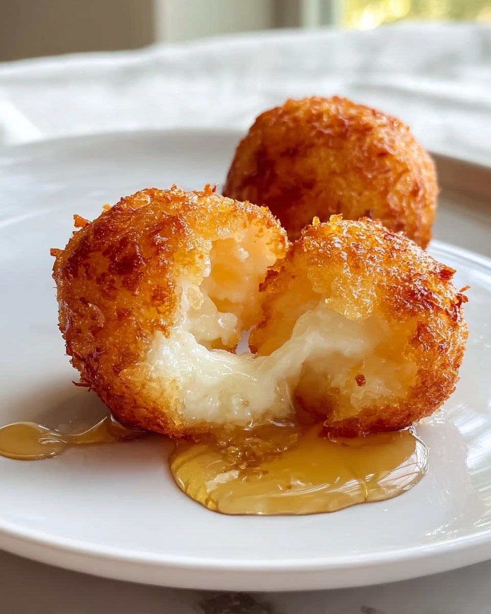 The image shows two golden-brown fried balls on a white plate with a white marbled texture background. The front ball is broken open, revealing a soft, white, sticky inside with honey or syrup dripping down and pooling slightly on the plate. The crispy outer layer has a rough, crunchy texture and shiny spots from the syrup. Behind it, there is a second whole fried ball, similarly golden and textured. Light from a window softly lights the scene, adding a warm tone. photo taken with an iphone --ar 4:5 --v 7