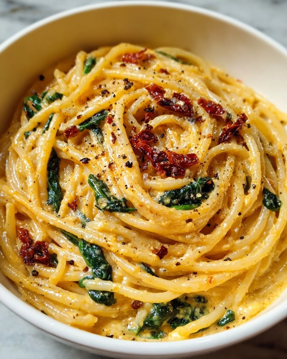 A white bowl filled with one layer of spaghetti pasta coated in a creamy golden-yellow sauce, mixed evenly with bright green spinach leaves and scattered with small pieces of dark red sun-dried tomatoes. The dish is topped with a light sprinkling of cracked black pepper and tiny red chili flakes, adding texture and color contrast. The whole presentation sits on a white marbled surface. photo taken with an iphone --ar 4:5 --v 7