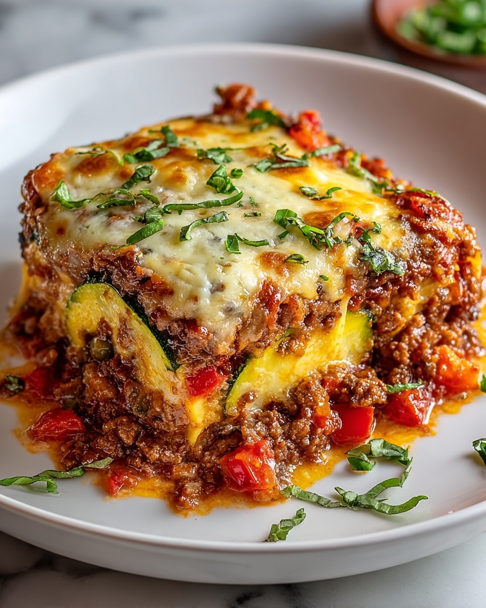 A close-up of a square piece of lasagna served on a white plate, showing five visible layers: at the bottom, thick slices of green zucchini with bits of red tomatoes; above that, a rich, brown meat sauce mixed with herbs; in the middle, a layer of bright red tomato sauce with diced tomatoes; next, a layer of melted creamy yellow cheese with browned spots; and on top, more melted cheese with green basil leaves sprinkled over it. The edges are slightly browned and crisp, and some chopped basil leaves are scattered around the plate on a white marbled surface. Photo taken with an iphone --ar 4:5 --v 7