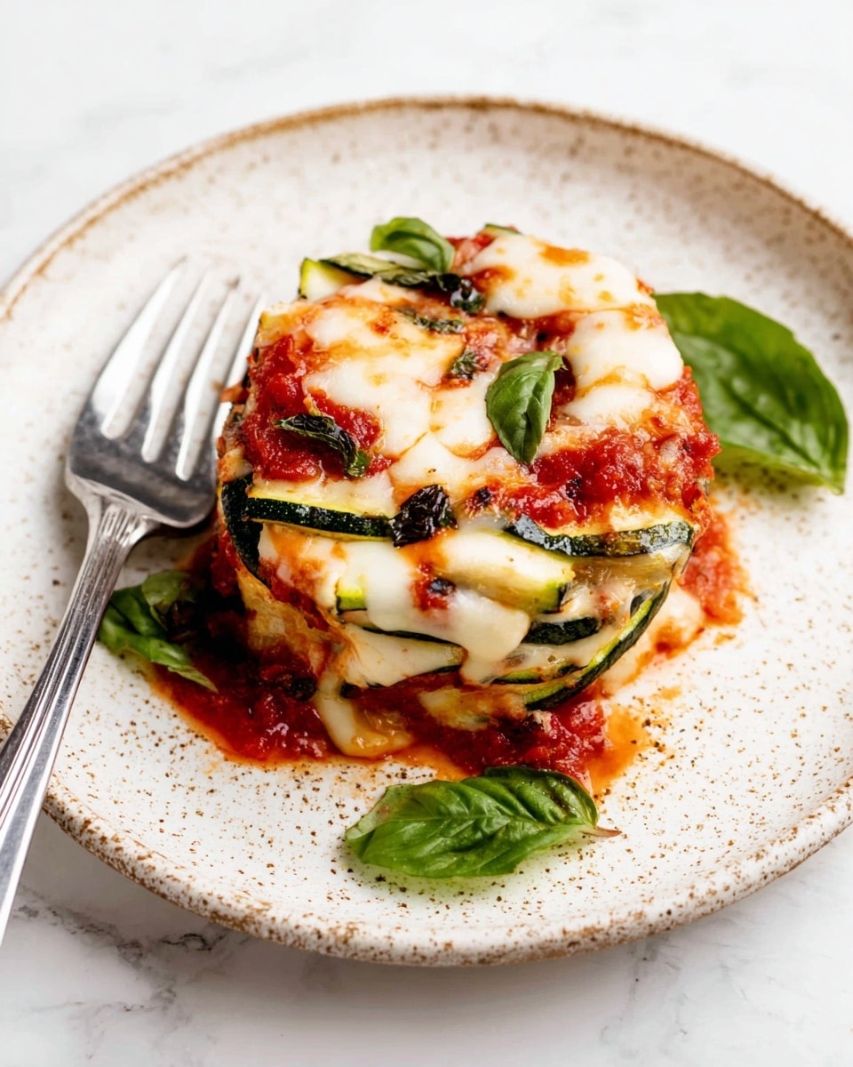 A black cast iron pan filled with rolled zucchini slices layered with white cheese and bright red tomato sauce, topped with melted white mozzarella cheese that is slightly browned in spots. Fresh green basil leaves are scattered on top, adding contrast and color. The pan rests on a light beige cloth on a white marbled surface, with a silver serving spoon partially placed inside the pan. Two green basil leaves are also placed on the surface beside the pan. photo taken with an iphone --ar 4:5 --v 7