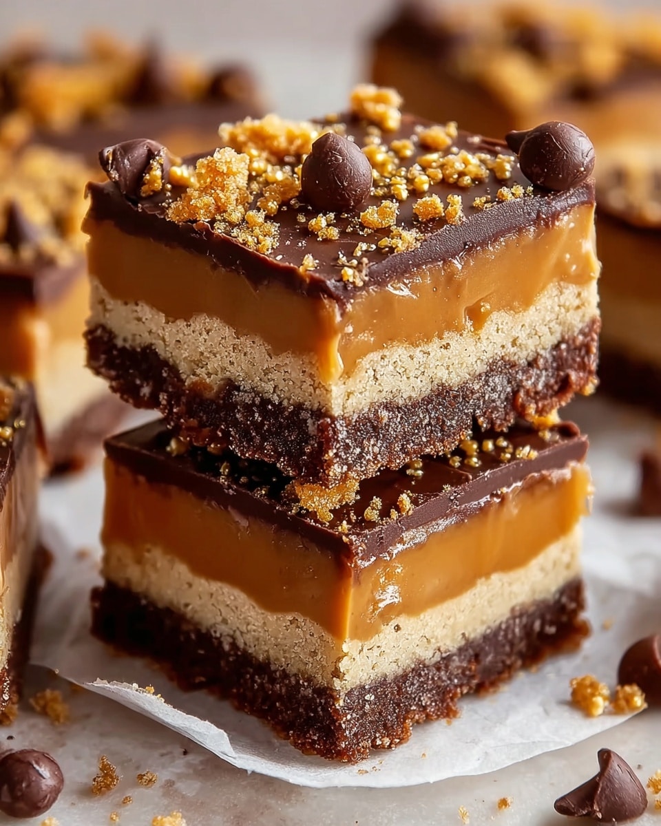The image shows a stack of three dessert bars with four visible layers. The bottom layer is a crumbly, textured crust in a mix of light brown and golden colors. Above this is a creamy, off-white layer, smooth and thick. The third layer is a bright, glossy caramel with a rich amber color. The top layer is a dark chocolate ganache, thick and shiny with a velvety texture; it is sprinkled with golden crunchy bits. The bars are set on a white marbled surface with soft lighting highlighting the glossy and crumbly textures. Photo taken with an iphone --ar 4:5 --v 7