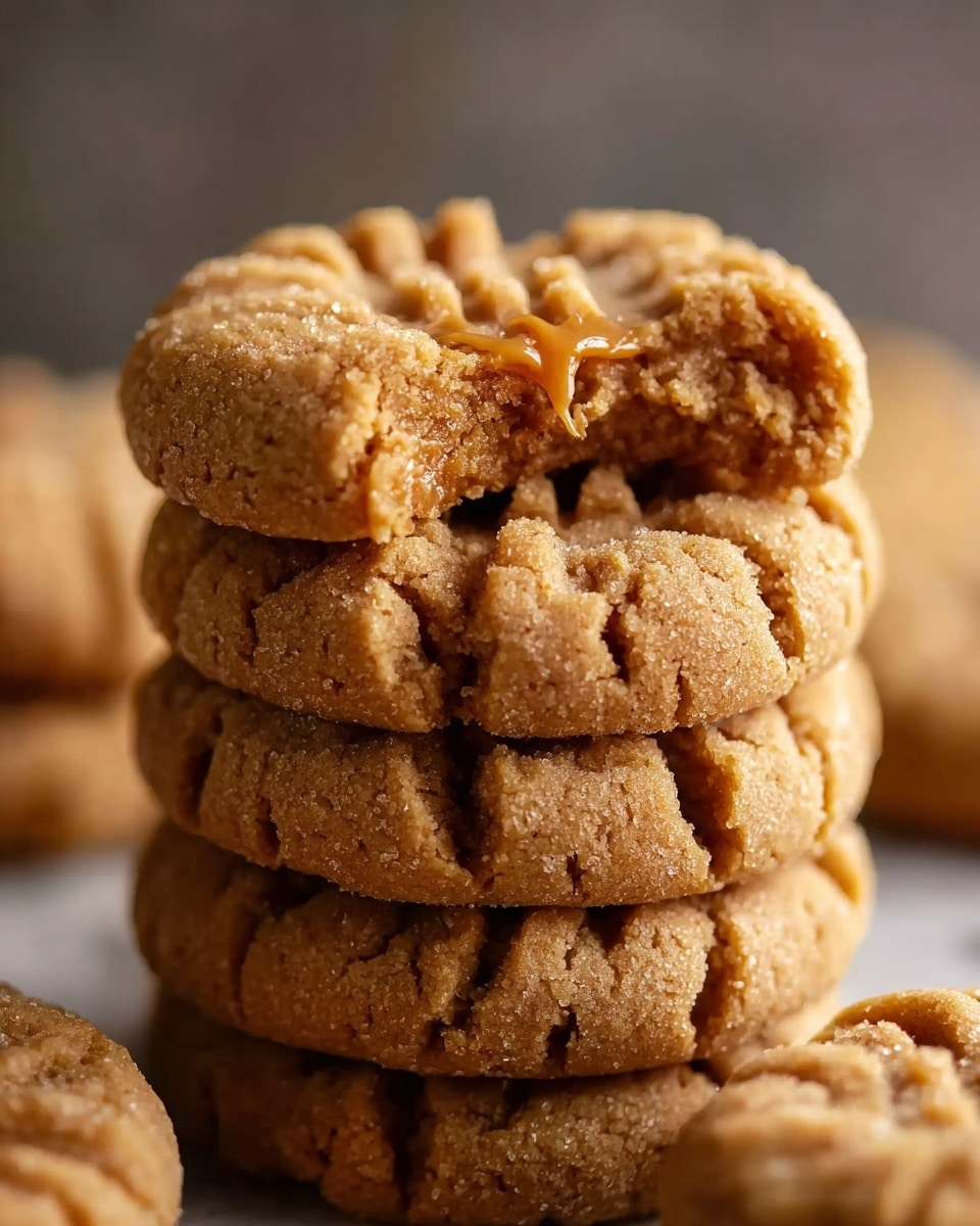 A stack of four peanut butter cookies is shown up close, each cookie having a golden brown color with a cracked, crumbly texture. The top cookie is slightly broken, revealing a soft peanut butter center with a smooth, creamy texture, and sprinkled light sugar crystals add a subtle sparkle on the surface. The background has a blurred white marbled texture, with a few more cookies scattered softly around the base of the stack. photo taken with an iphone --ar 4:5 --v 7