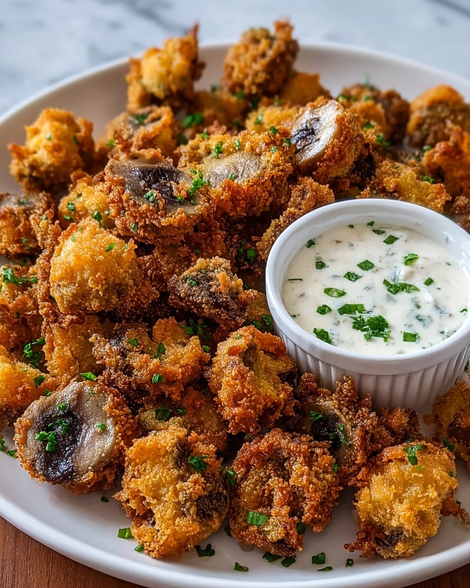 A white plate filled with one main layer of golden-brown crispy fried mushrooms, each piece coated in a coarse, crunchy breading. The mushrooms are round to oval-shaped, some showing tender beige and gray centers where they are sliced, sprinkled with small green parsley pieces. In the center of the plate, there is a small white bowl filled with thick white creamy sauce, topped with finely chopped green herbs. The plate sits on a white marbled surface. photo taken with an iphone --ar 4:5 --v 7