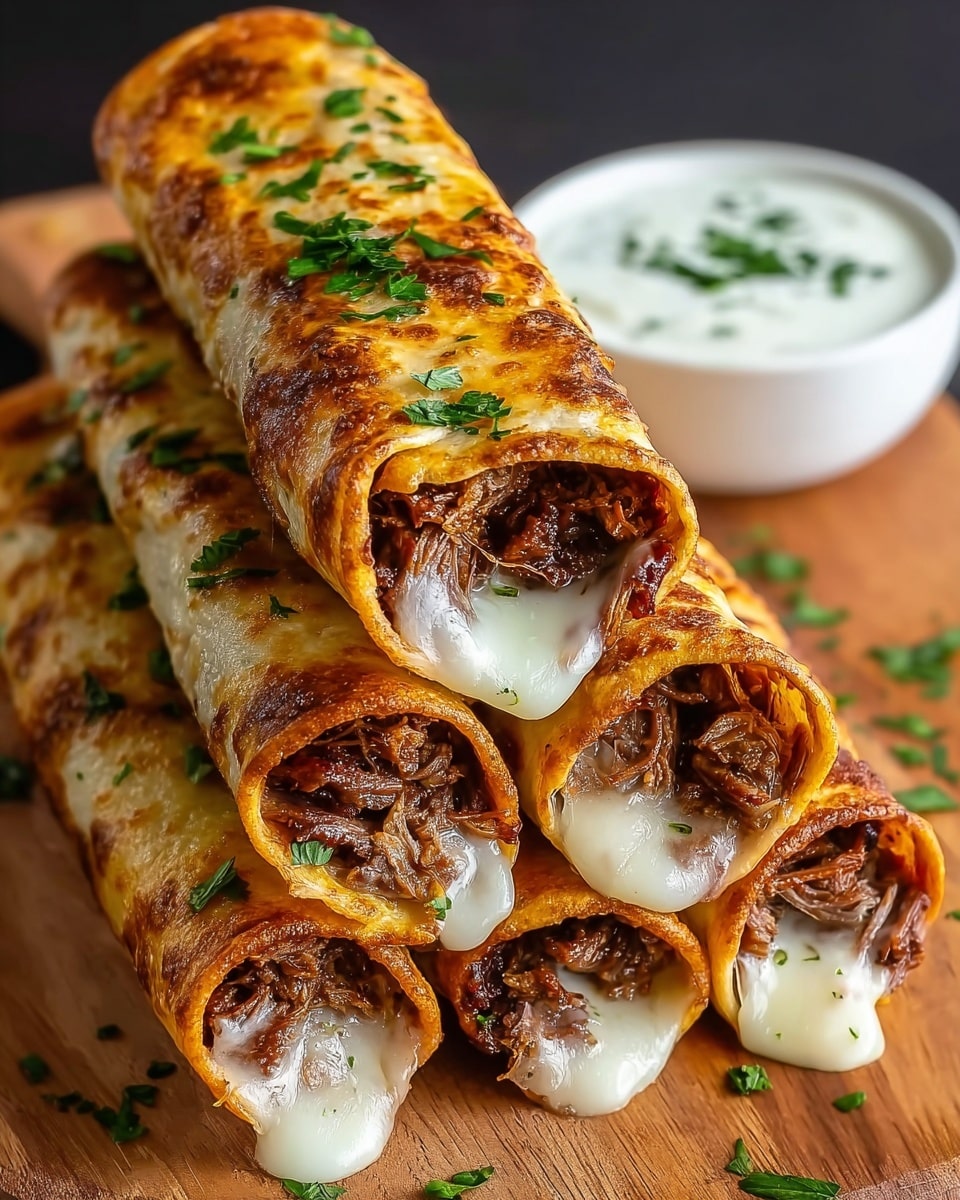 The image shows a stack of five golden-brown rolled tacos or enchiladas with a crispy outer layer, each filled generously with shredded dark brown meat and melted white cheese oozing out at the ends. The tops are sprinkled with fresh green herbs, adding contrast and freshness to the warm colors. The rolls are placed closely together on a wooden board, with a small white dish of creamy white dipping sauce garnished with green herbs in the blurred background. The background has a white marbled texture, making the food the main focus. photo taken with an iphone --ar 4:5 --v 7
