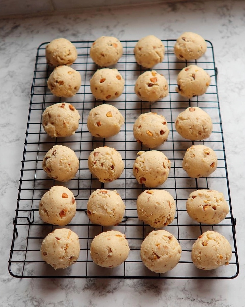 The image shows a black wire cooling rack placed on a white marbled surface, holding about 20 round dough balls evenly spaced. The dough balls are light beige in color with small chunks of nuts and butterscotch chips distributed throughout. Each ball has a slightly rough texture with visible bits inside, and they are arranged in rows on the rack. The black rack contrasts with the white marbled surface beneath it. photo taken with an iphone --ar 4:5 --v 7