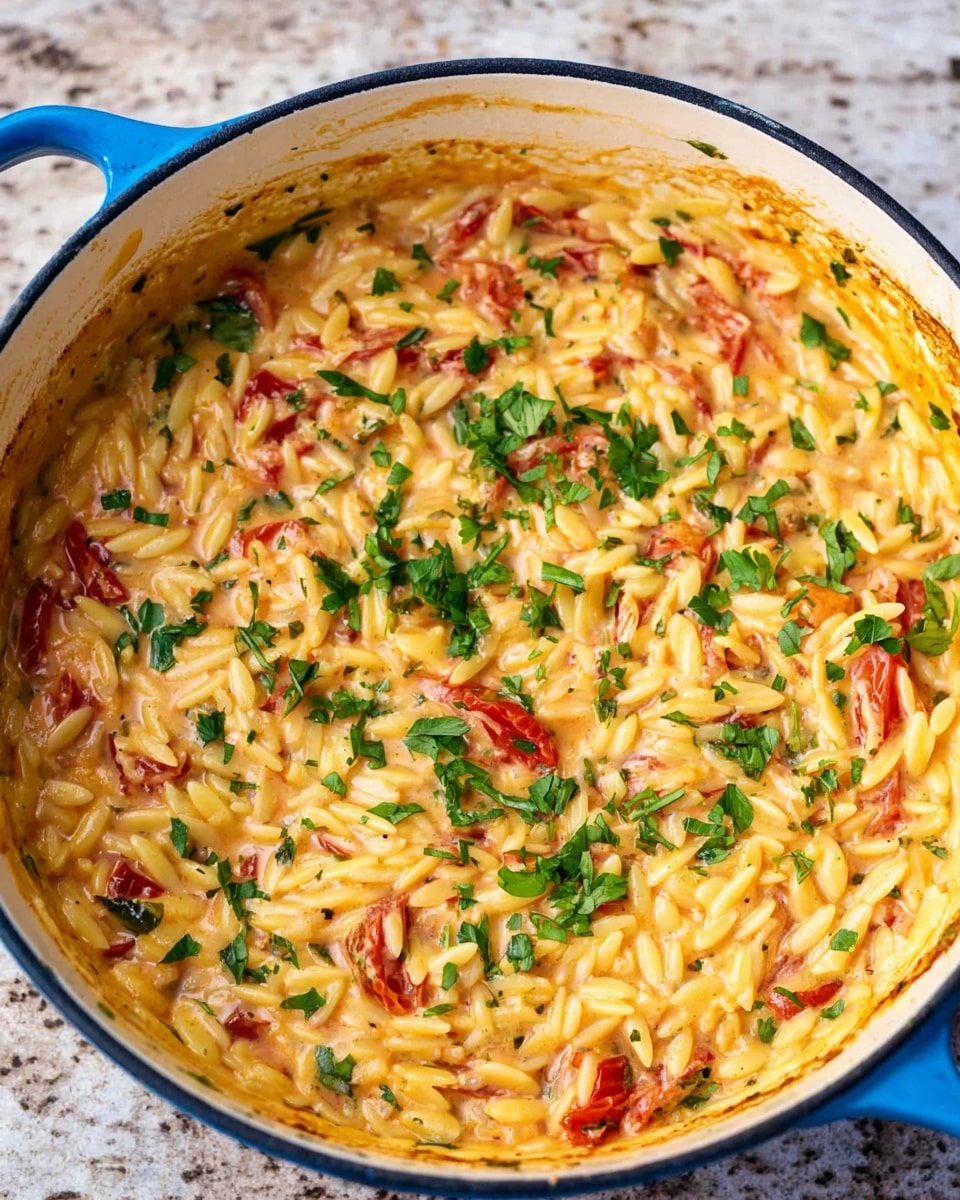 A close-up of a creamy orzo dish in a white pot with blue handles, showing one layer of small, soft, yellowish orzo pasta mixed with pieces of cooked red tomatoes scattered evenly throughout. The orzo is thick and coated in a light orange creamy sauce, with fresh chopped green herbs sprinkled on top, adding a pop of color. The pot rests on a white marbled textured surface, and the sauce lightly stains the sides of the pot. photo taken with an iphone --ar 4:5 --v 7