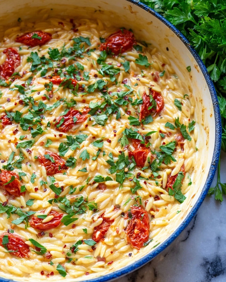 A close-up view of a creamy orzo dish in a white deep pan with a blue rim, showing one mixed layer of small orzo pasta with a pale yellow sauce. Scattered throughout are bright red roasted cherry tomatoes and fresh green parsley leaves evenly spread on top. The texture appears rich and moist with a few specks of crushed red pepper flakes for a slight contrast. The pan sits on a white marbled surface with a small bunch of parsley visible in the top right corner. Photo taken with an iphone --ar 4:5 --v 7