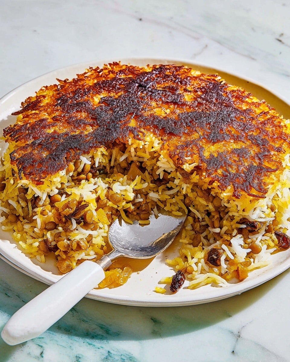 The dish shows one main layer of cooked rice with a mix of white and yellow grains, scattered with small dark lentils and raisins, giving a speckled texture. Covering the rice are thick, crispy golden-brown crust pieces with dark spots, likely from caramelization, arranged unevenly on top. The crispy crust has strands of rice visible and a crunchy texture that contrasts with the soft rice below. All of this sits inside a shallow white bowl, set against a white marbled surface. photo taken with an iphone --ar 4:5 --v 7