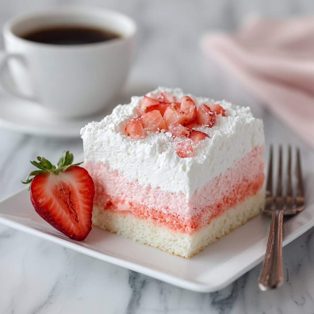 A square piece of pink sponge cake sits on a white plate, with a bite taken out of its front, showing a soft, moist texture. The cake has three visible layers: a bottom layer of fluffy pink sponge, a middle creamy white layer that looks smooth and thick, and a top layer of white whipped cream covered with small, fresh red strawberry pieces. Above the cake, a spoon holds a piece of the cake with a dollop of whipped cream and two strawberry halves. In the background, more of the same cake is visible in a white rectangular dish, with the cream and strawberries on top and a white cup filled with dark coffee beside it, all on a white marbled surface. Photo taken with an iphone --ar 4:5 --v 7