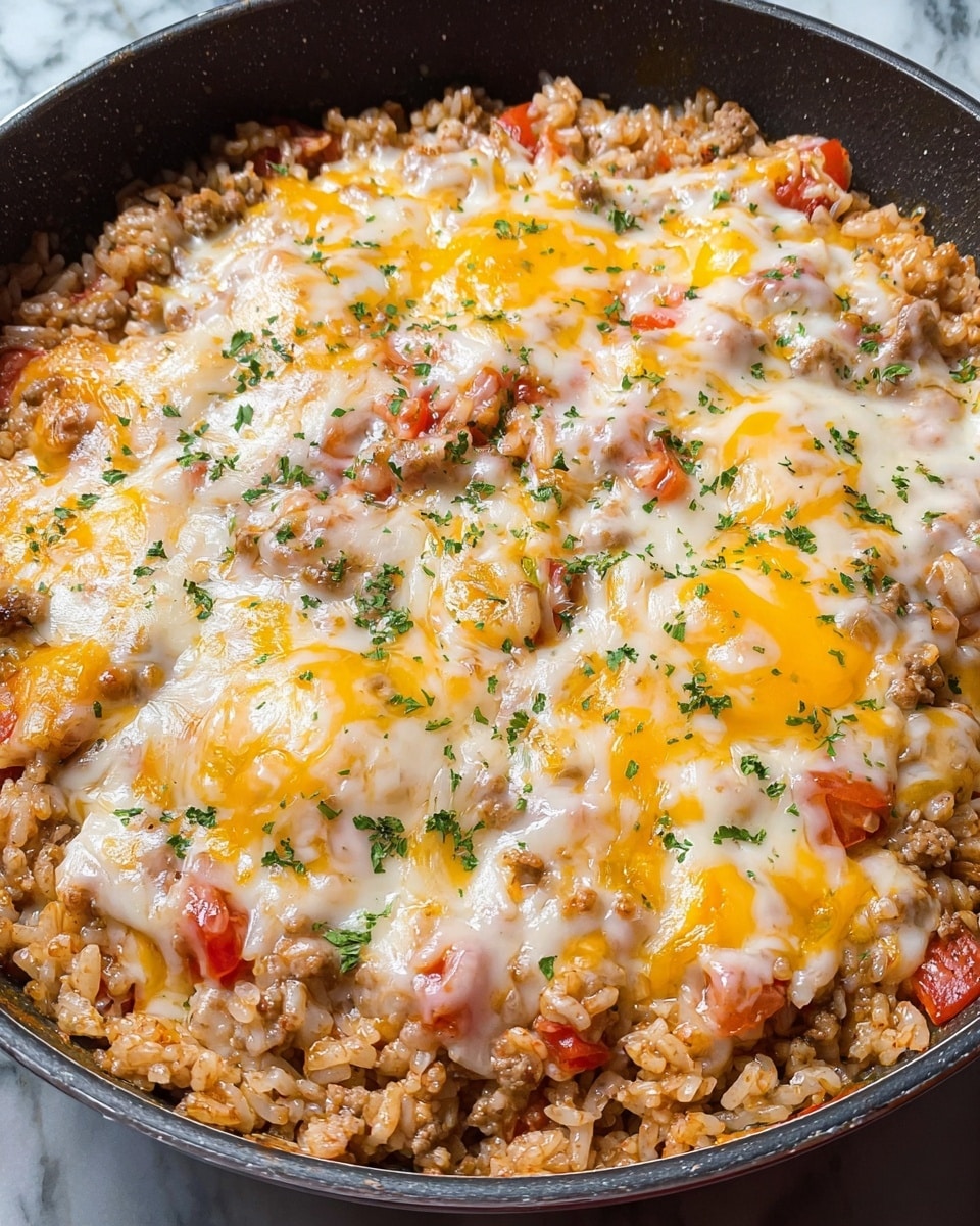 The image shows a close-up view of a single-layer dish in a dark pan filled with cooked rice mixed with ground meat and small tomato pieces, creating a light brown and red textured base. Over this base, melted patches of yellow and white cheese spread unevenly across the surface, giving a shiny and gooey look. Some green herbs are sprinkled on top, adding small specks of color contrast. The pan’s edge is visible, framing the hearty, cheesy rice mixture. The scene is set on a white marbled surface. photo taken with an iphone --ar 4:5 --v 7