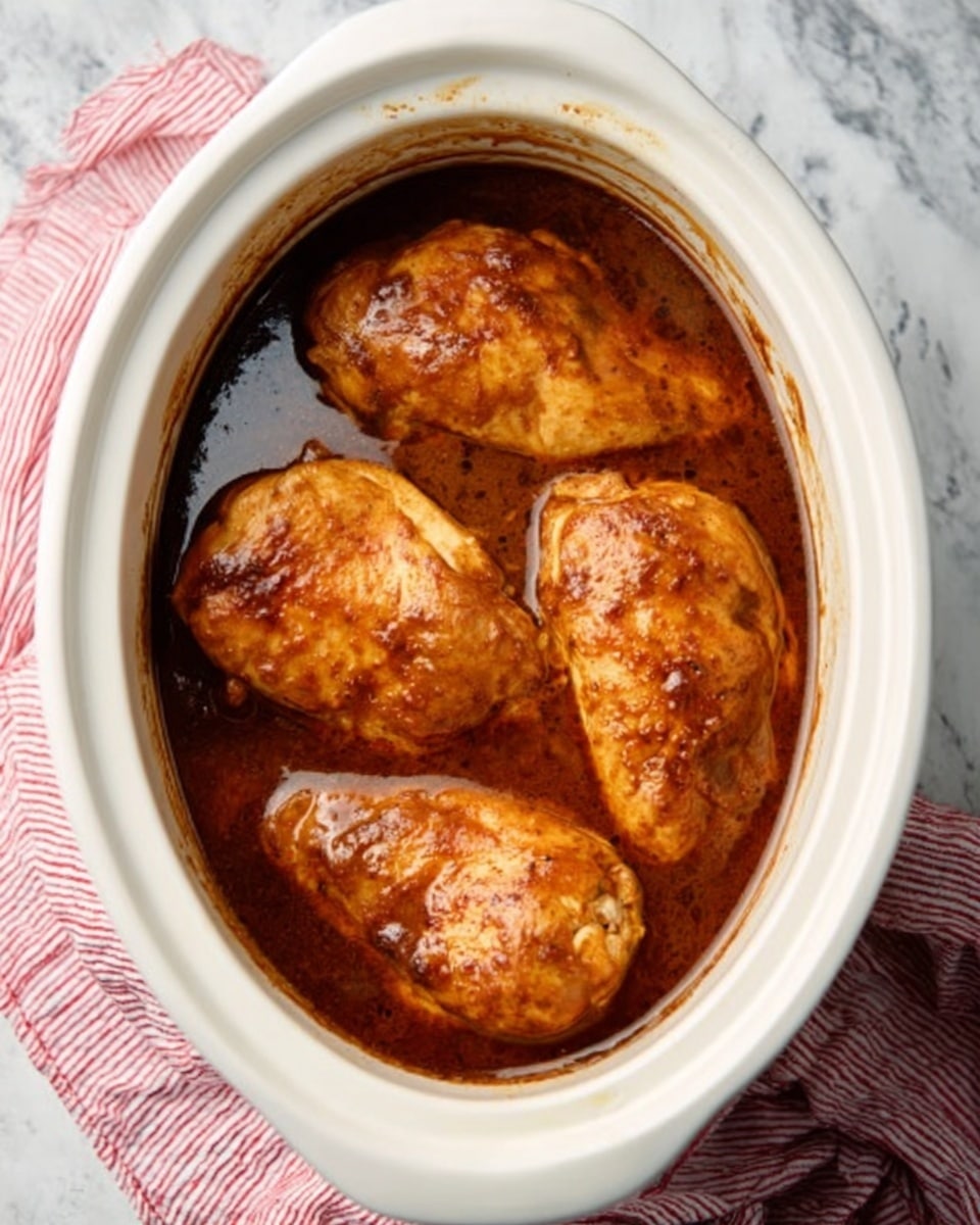 The image shows a white oval slow cooker filled with four pieces of cooked chicken breasts in a rich brown sauce. The chicken pieces are lightly browned and glistening with the sauce covering them, which has a smooth, slightly thick texture. The slow cooker sits on a white marbled background surface with a folded red and white striped cloth partly visible near the edge. Photo taken with an iphone --ar 4:5 --v 7