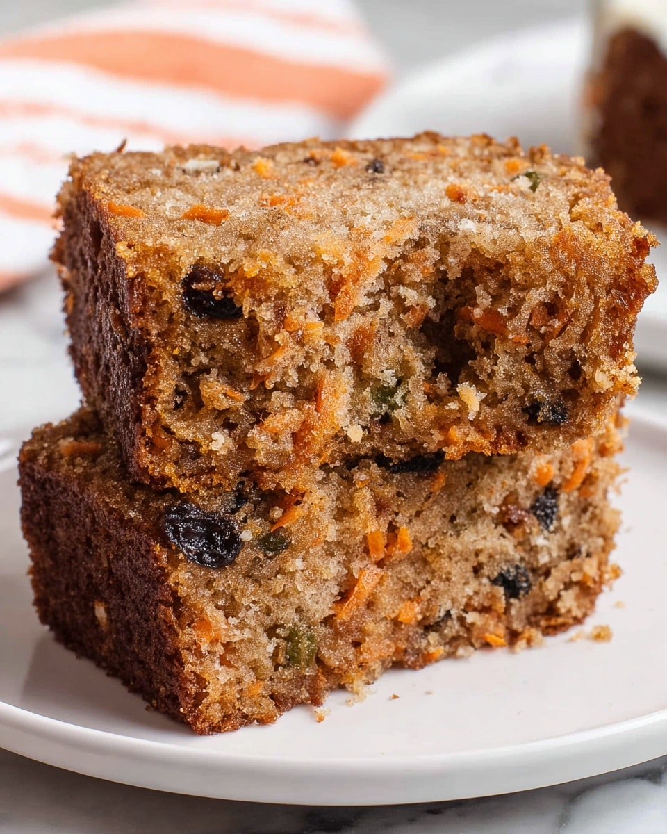 A close-up image of two square-shaped slices of carrot cake stacked on top of each other on a white plate, showing a soft, moist texture with visible orange carrot pieces, dark raisins, and small nut fragments throughout the light brown cake. The top slice has a small bite taken out, revealing the crumbly interior. The edges of the cake are slightly darker and firm, contrasting with the lighter inner part. The background features a white marbled surface with part of an orange and white striped kitchen towel blurred out. Photo taken with an iphone --ar 4:5 --v 7