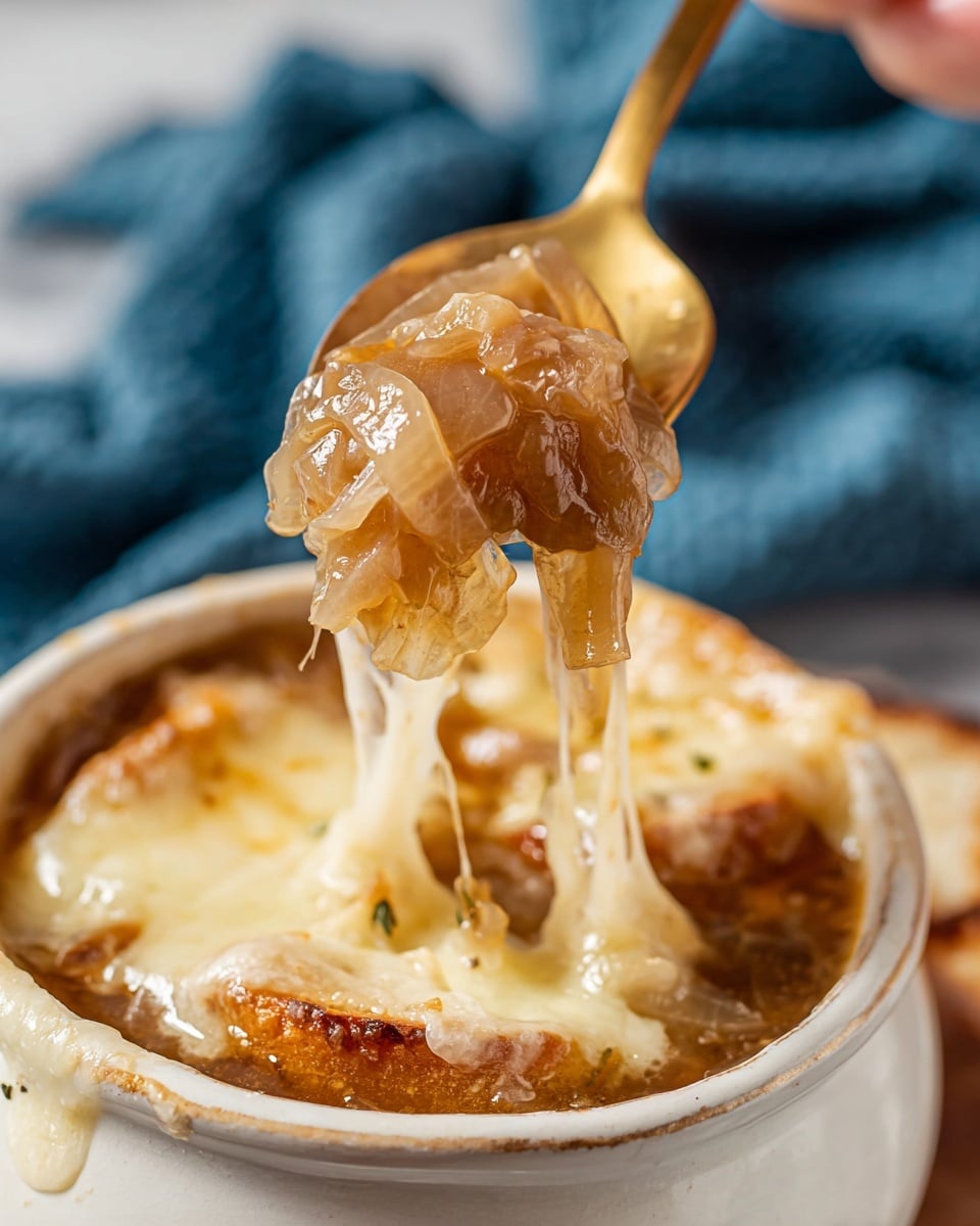 The image shows a close-up of a bowl of onion soup with three main layers visible. The bottom layer is a dark brown broth with chunks of cooked onions that look soft and translucent. Above this is a thick layer of melted, golden-brown cheese that covers the soup with some spots toasted to a light brown. A spoon is scooping a portion of the soup, stretching the gooey melted cheese and showing both the broth and onions clearly. The bowl is white and sits on a white marbled surface. Photo taken with an iphone --ar 4:5 --v 7